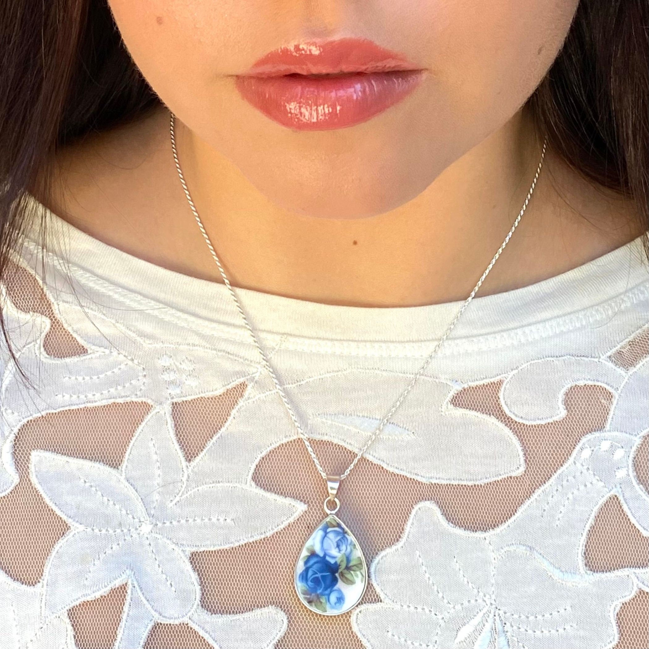 Royal Albert Moonlight Rose China Necklace with Blue Rose Teardrop China Pendant