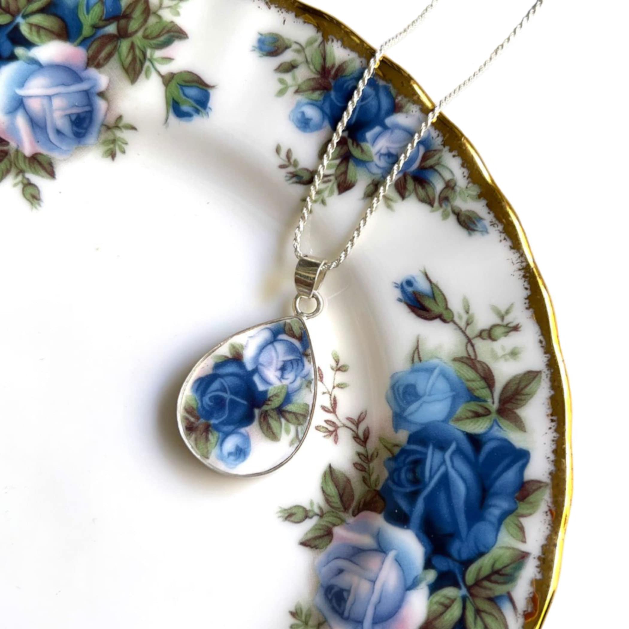 Royal Albert Moonlight Rose china necklace blue rose broken china jewelry sterling silver 20th anniversary gift romantic wife