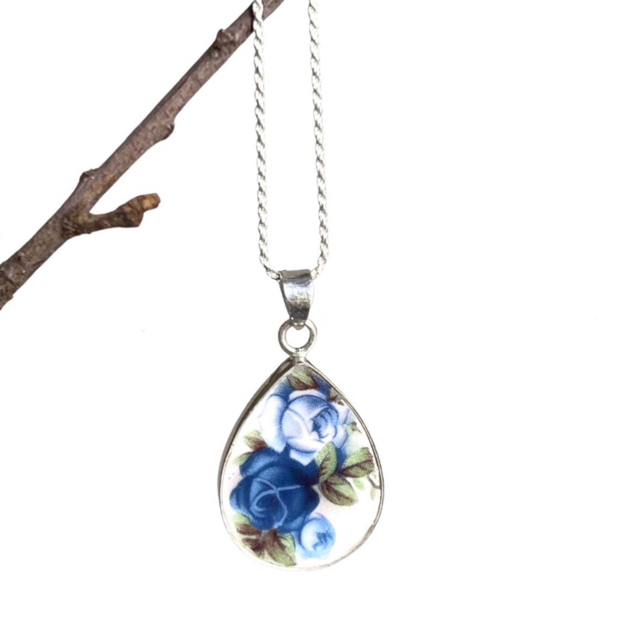 Royal Albert Moonlight Rose China Necklace with Blue Rose Teardrop China Pendant