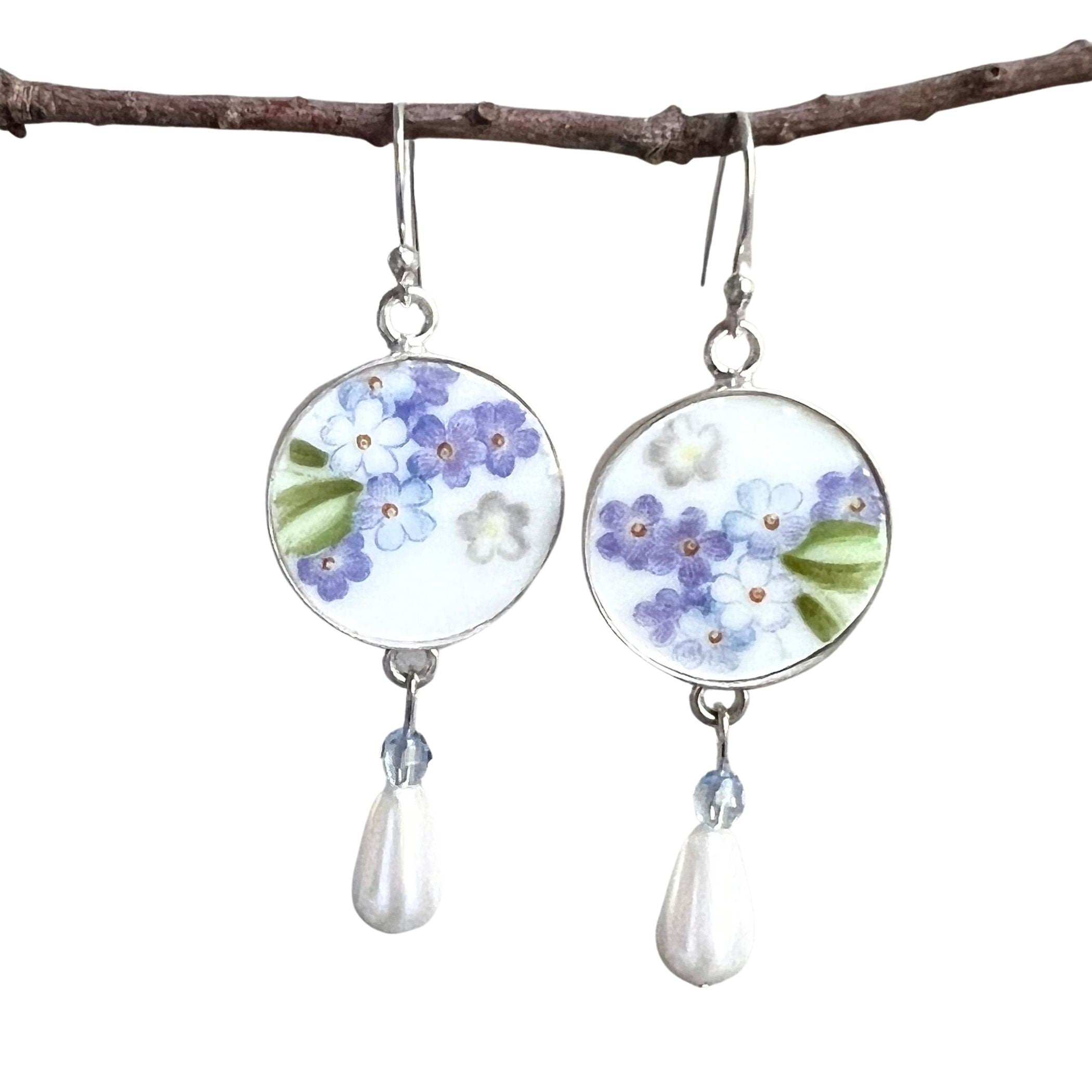 Vintage Forget Me Not Flower China Earrings handmade with Pearl Teardrops, Blue Flower Jewelry Birthday Gift for English Flower Garden Lover