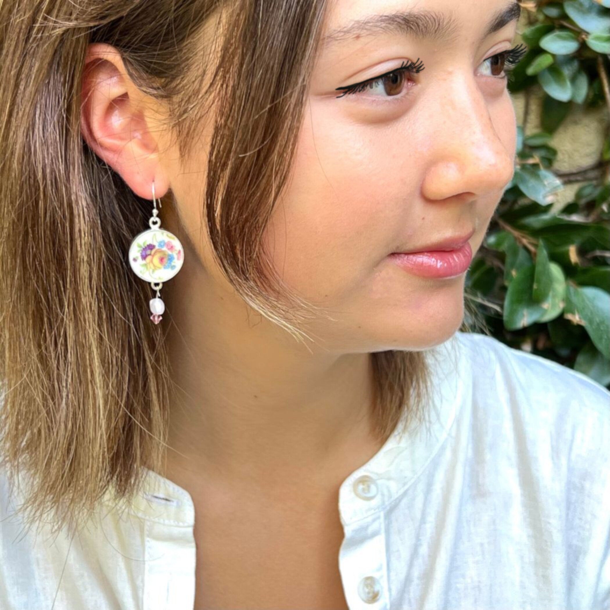 Dainty Floral China Earrings handmade with Upcycled Mitterteich Bavaria China & Fine Pearl Dangle, Vintage Broken China Jewelry Gift for Her