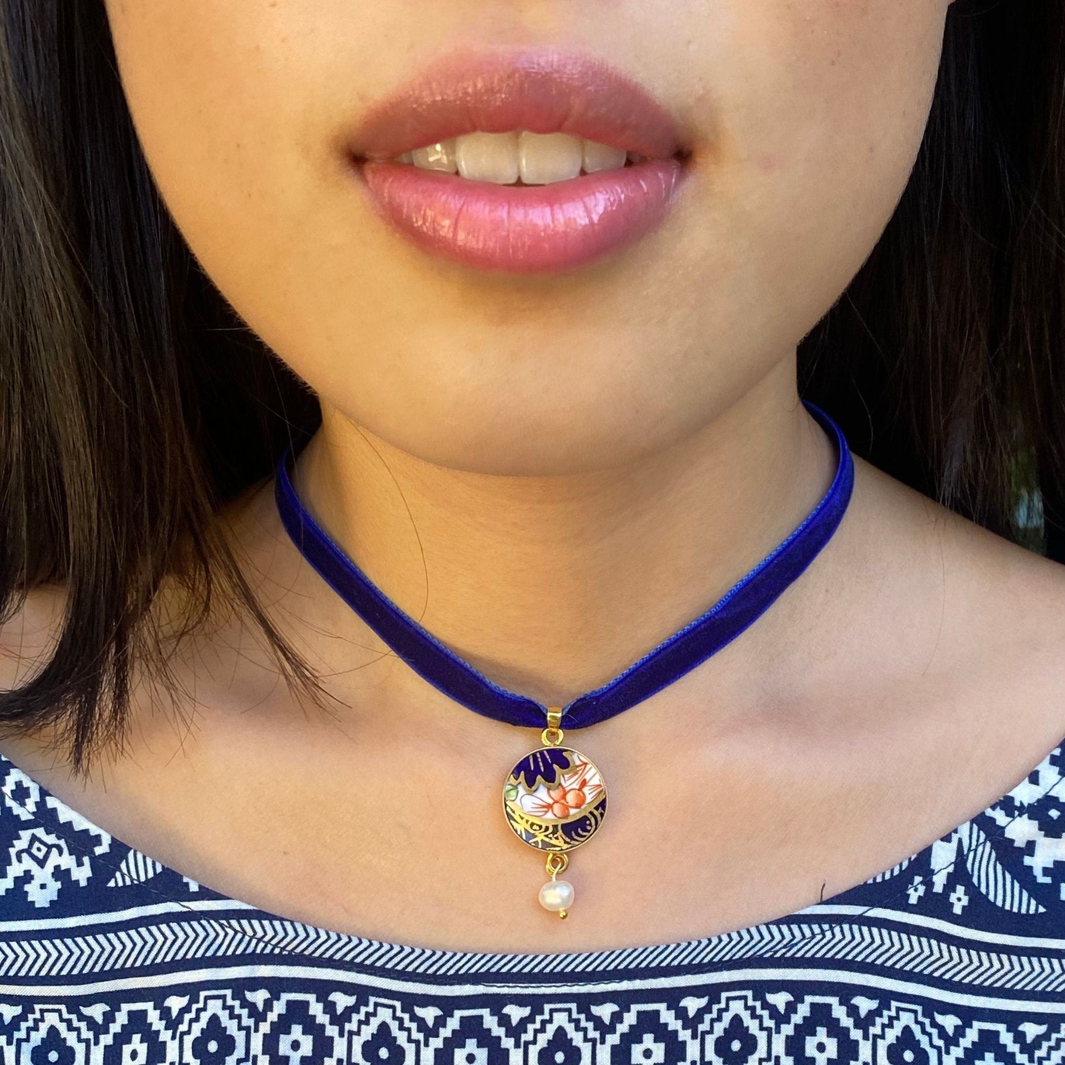 Blue Velvet Choker Necklace with an Upcycled China Boho Statement Pendant, Unique Handmade Indie Jewelry for a Birthday Teenage Girl Gift
