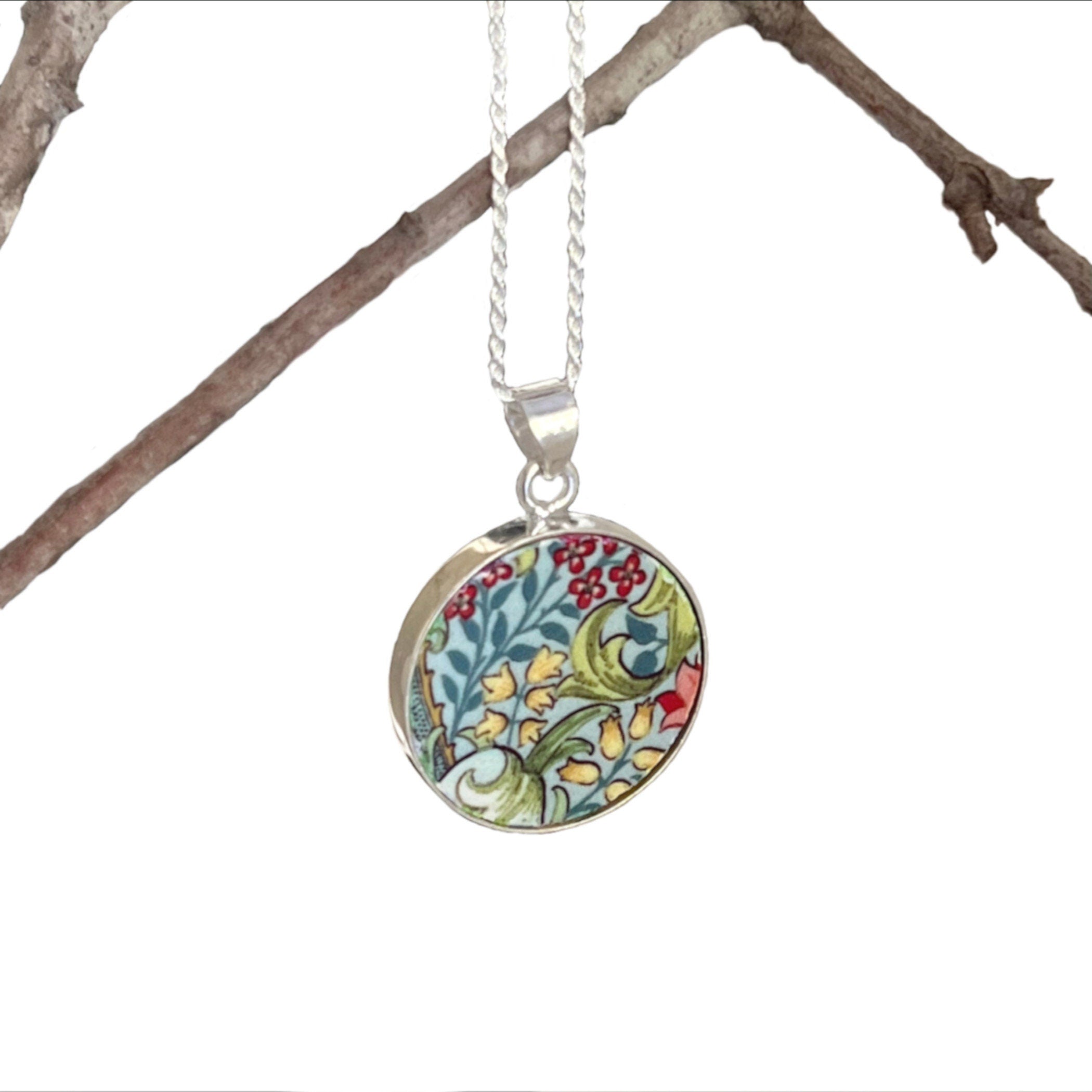 William Morris Botanical Ceramic Necklace Pendant with Art Nouveau China