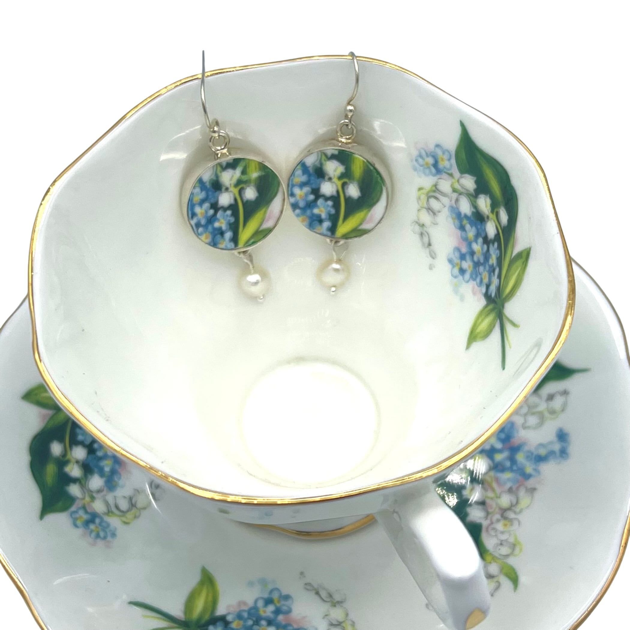 Royal Albert Broken China Jewelry Earrings handmade with Forget Me Not and Lily of the Valley China