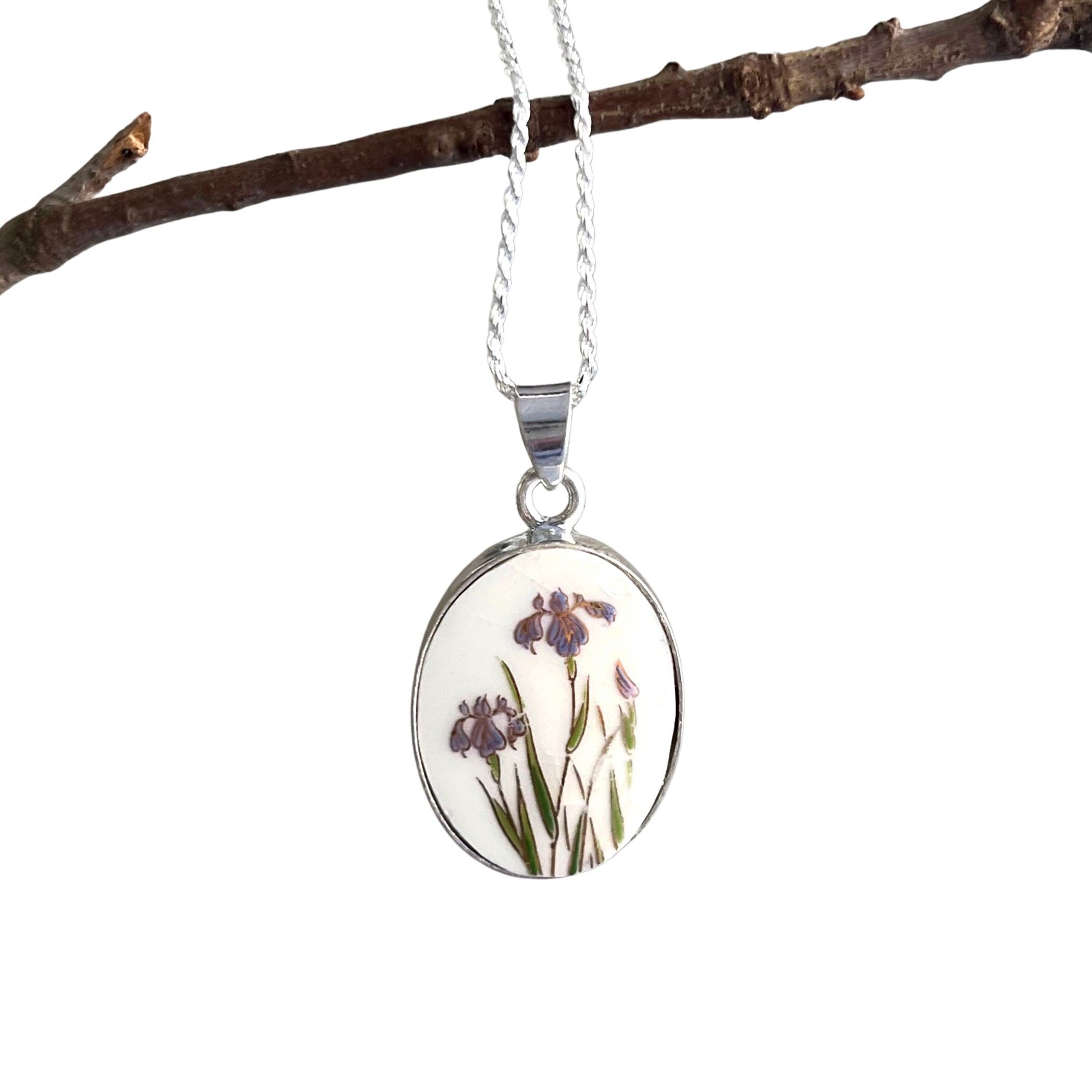 Purple Iris Porcelain Necklace handmade from an Imari Porcelain Vase