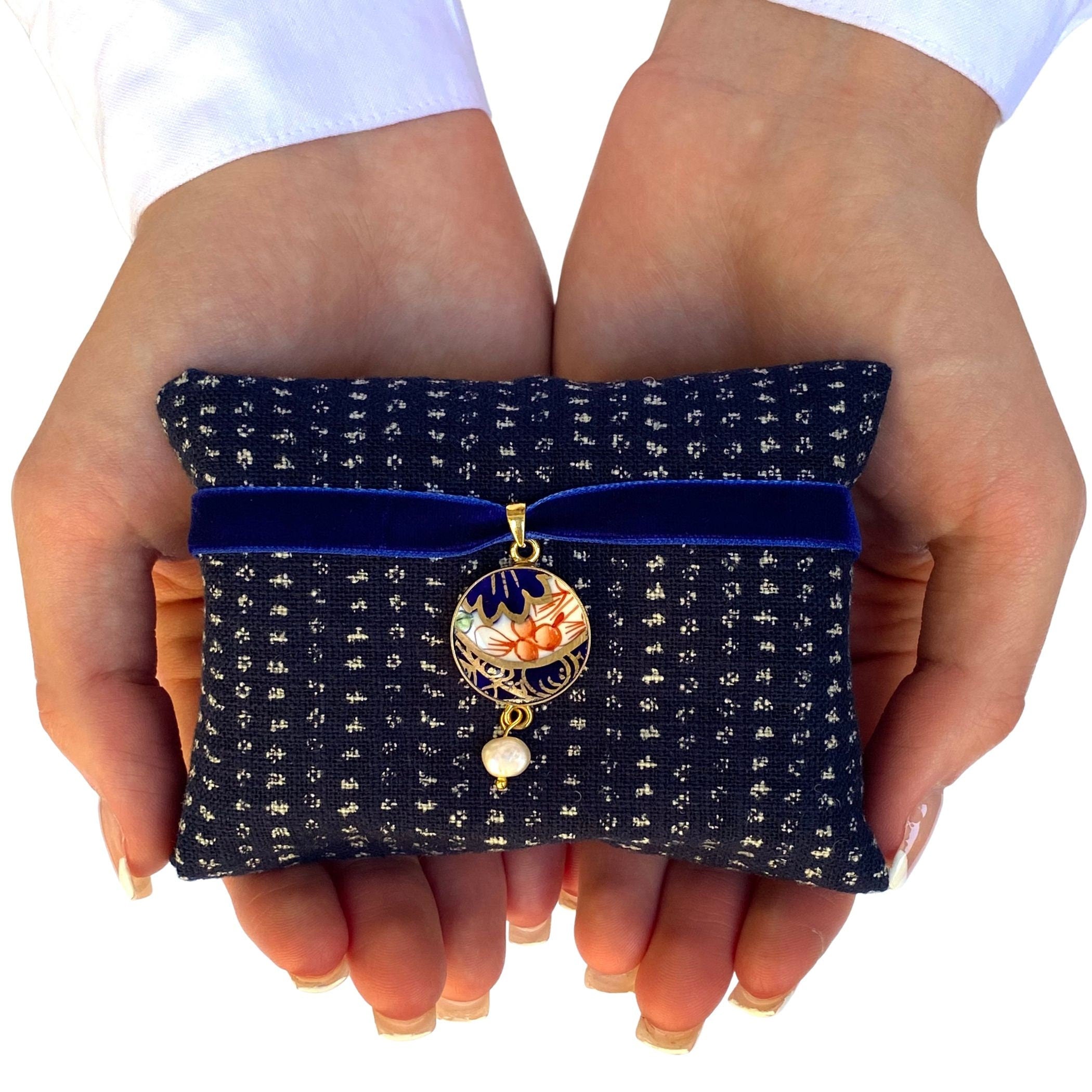 Blue Velvet Choker Necklace with an Upcycled China Boho Statement Pendant, Unique Handmade Indie Jewelry for a Birthday Teenage Girl Gift