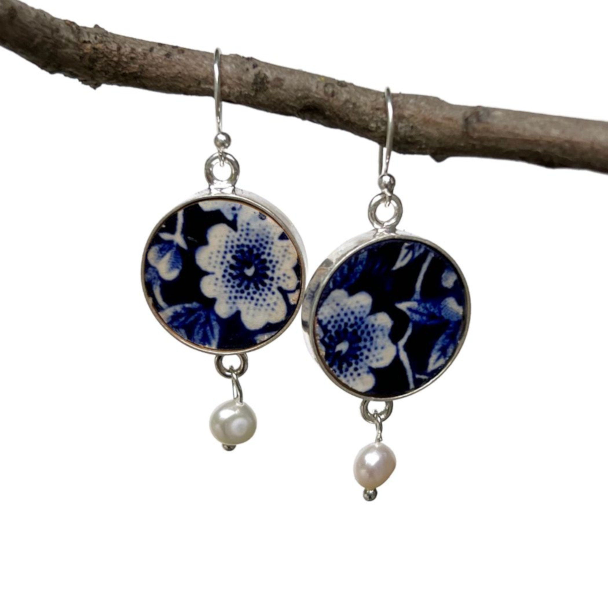 Burleigh Blue Calico Broken China Earrings handmade from Staffordshire plates