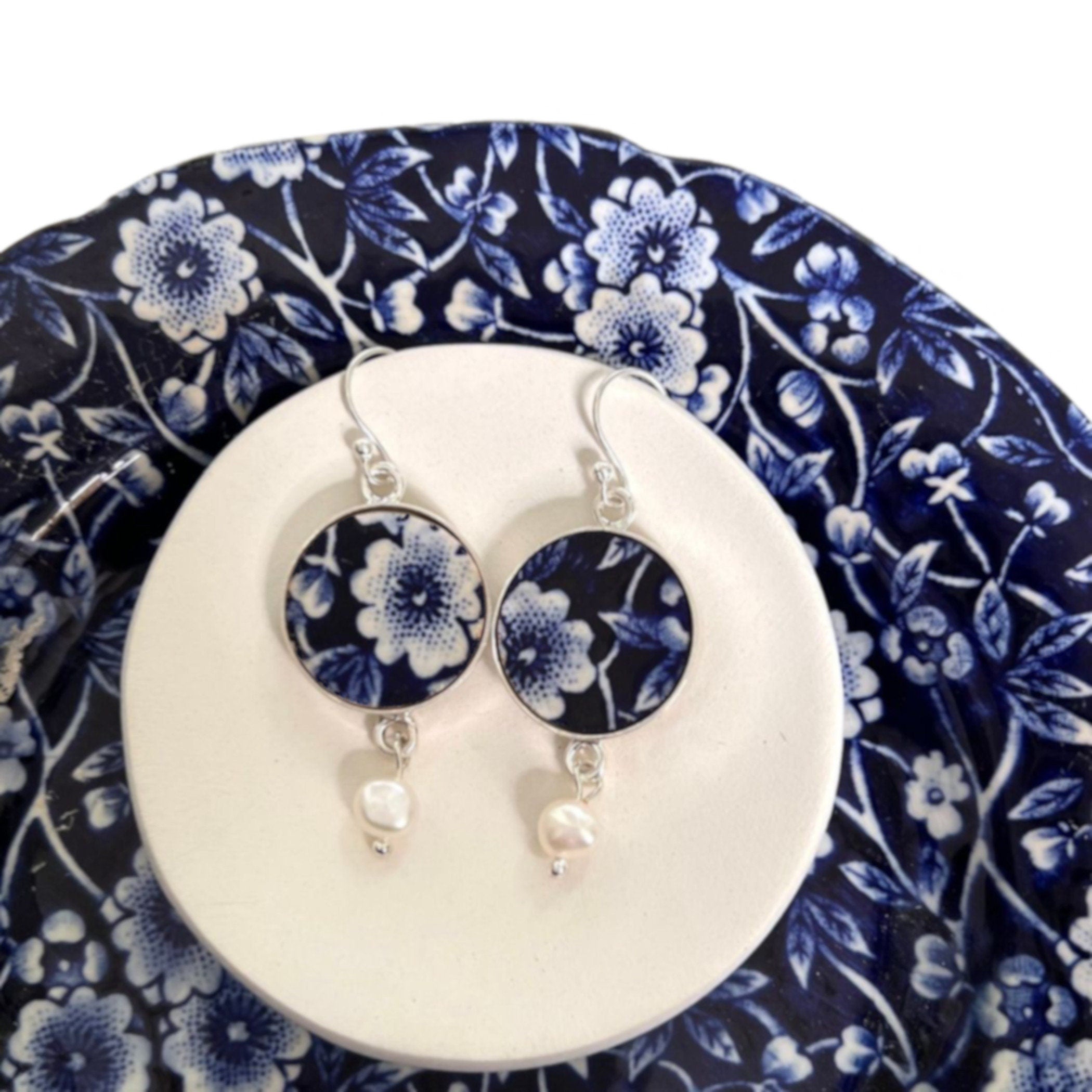 Burleigh Blue Calico Broken China Earrings handmade from Staffordshire plates