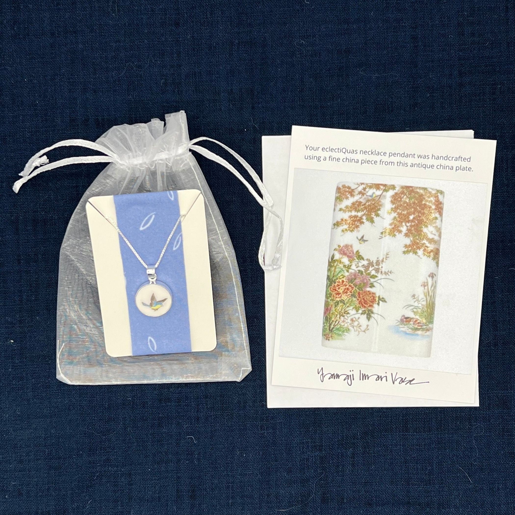 Flying Blue Bird Necklace handcrafted with RARE Upcycled Imari Porcelain & Sterling Silver, Broken China Jewelry Gift for Her Birthday