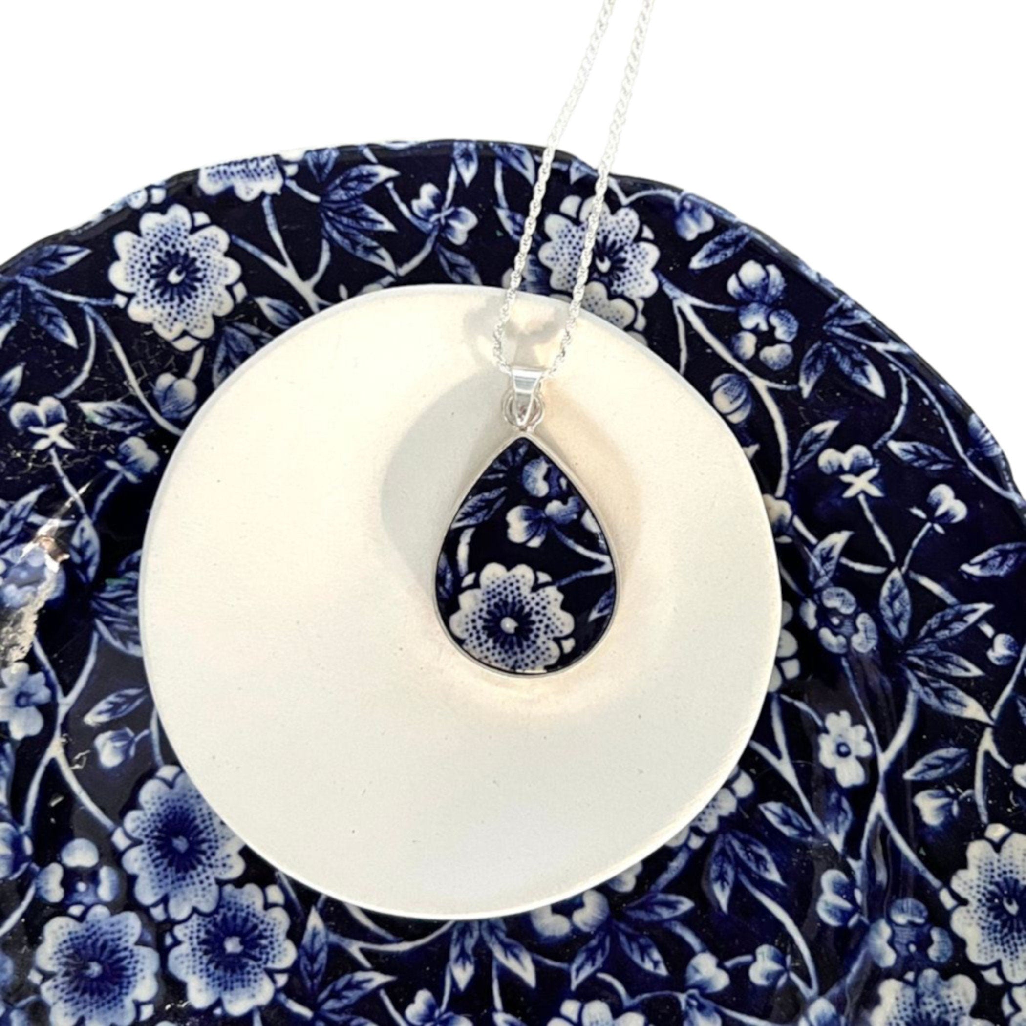 Burleigh Blue Calico China Necklace with Unique Teardrop Porcelain Statement Pendant