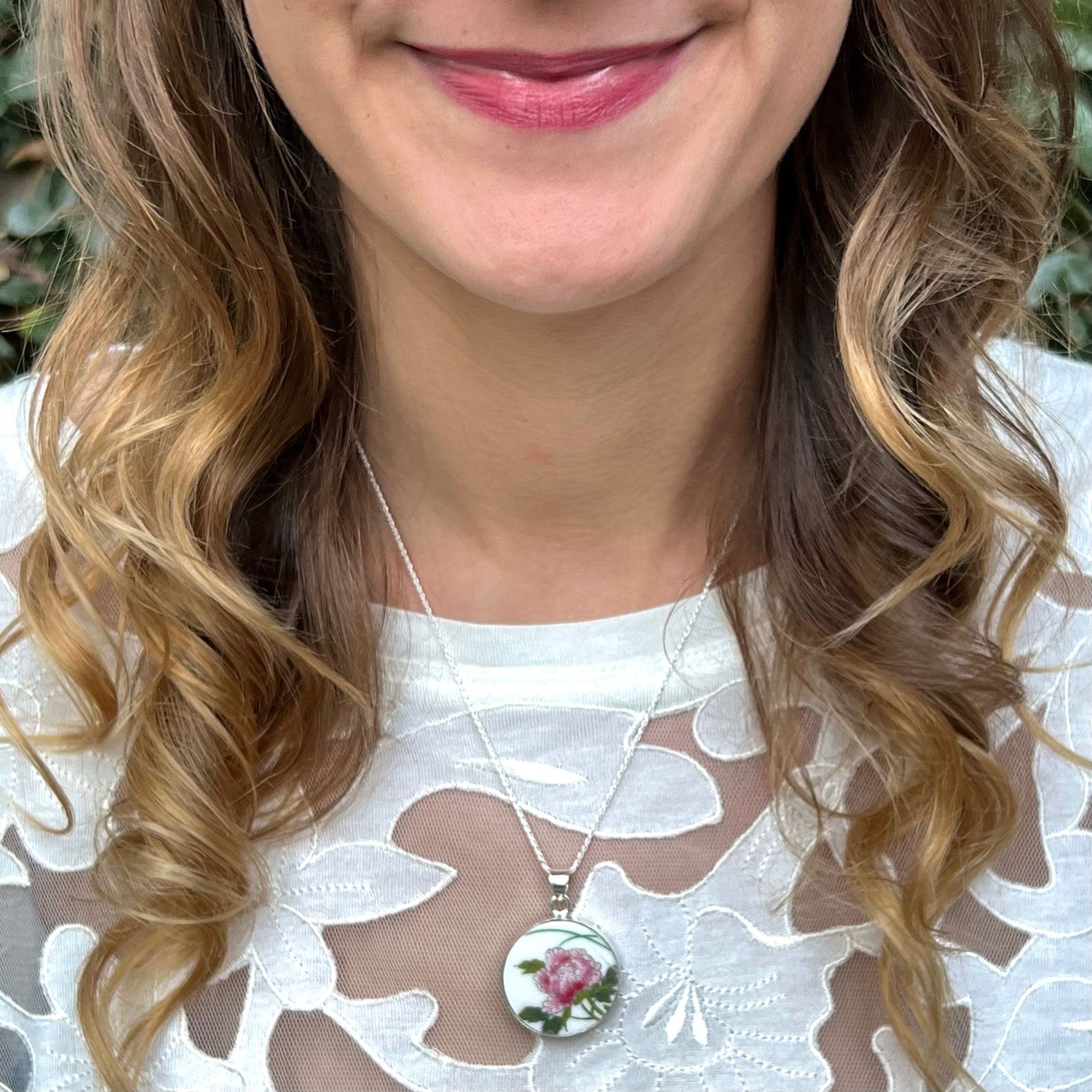 Stunning Peony Porcelain Necklace handmade from a Japanese Asahi Yamaji Vase