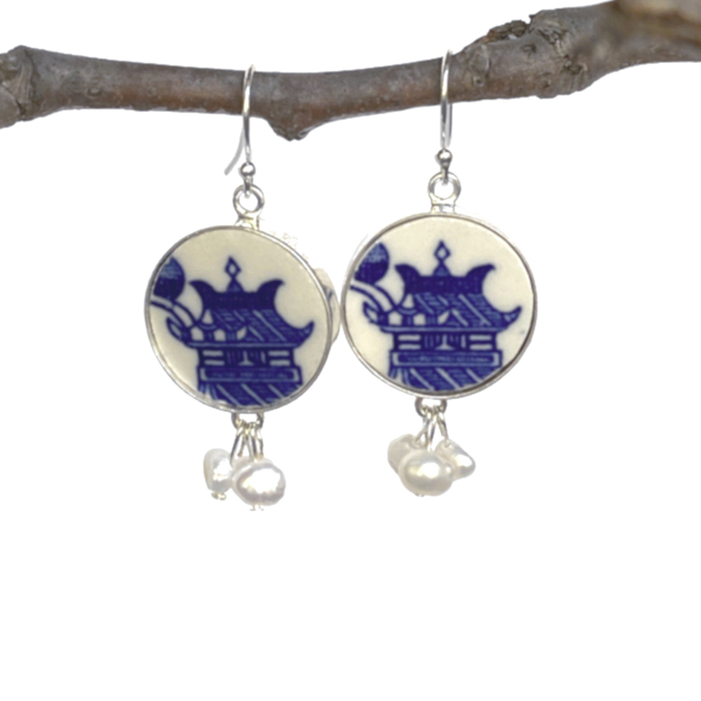 Blue Willow China Earrings with Japanese Pagodas & Tiny Pearl Clusters