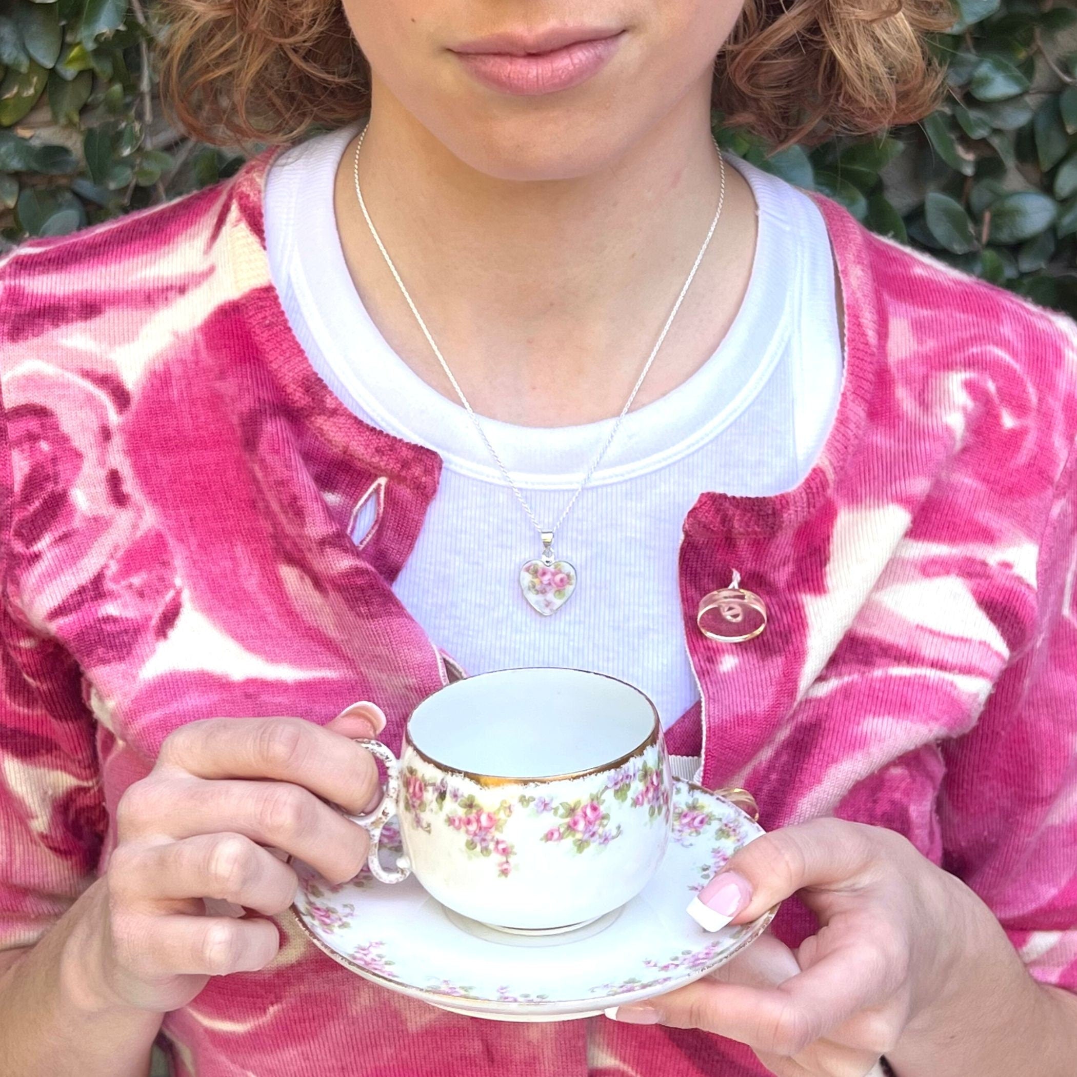 Vintage Rose China Heart Necklace handmade with French Limoges Porcelain