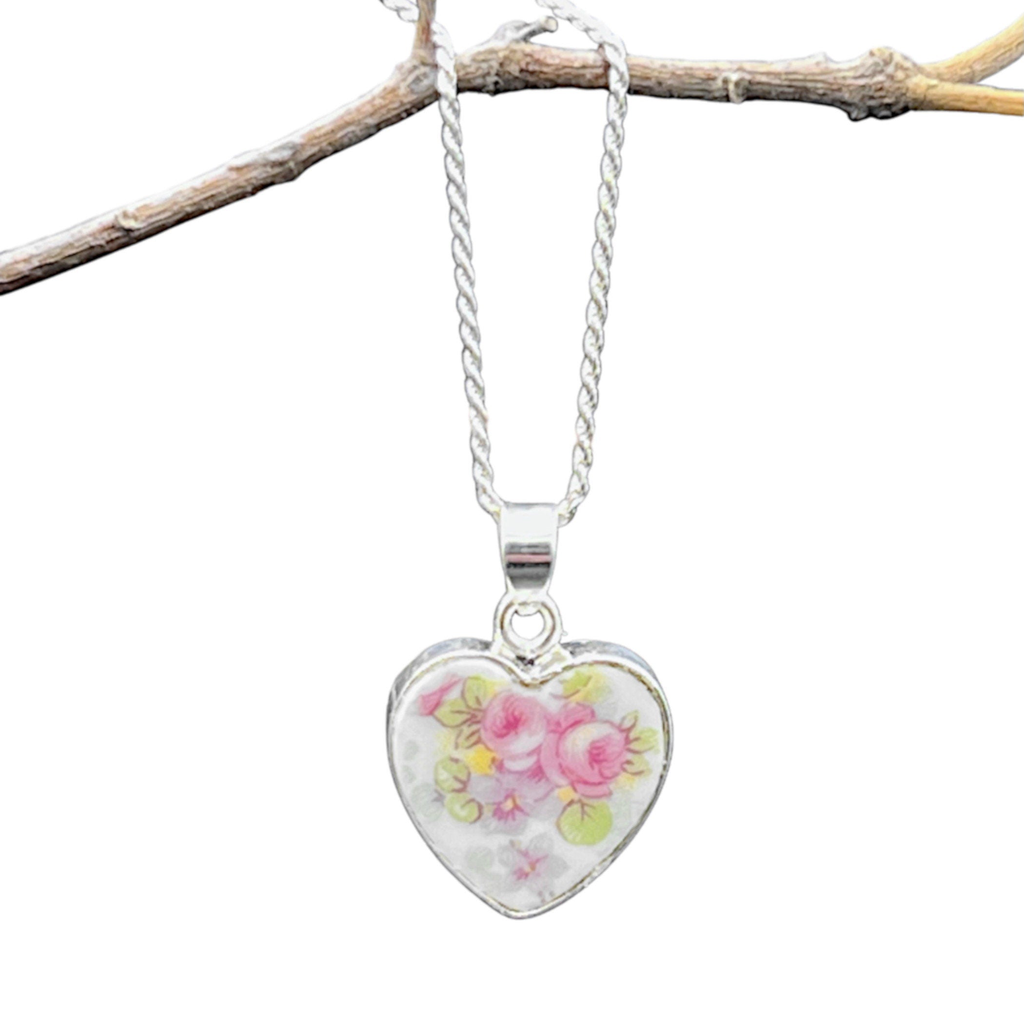 Vintage Rose China Heart Necklace handmade with French Limoges Porcelain