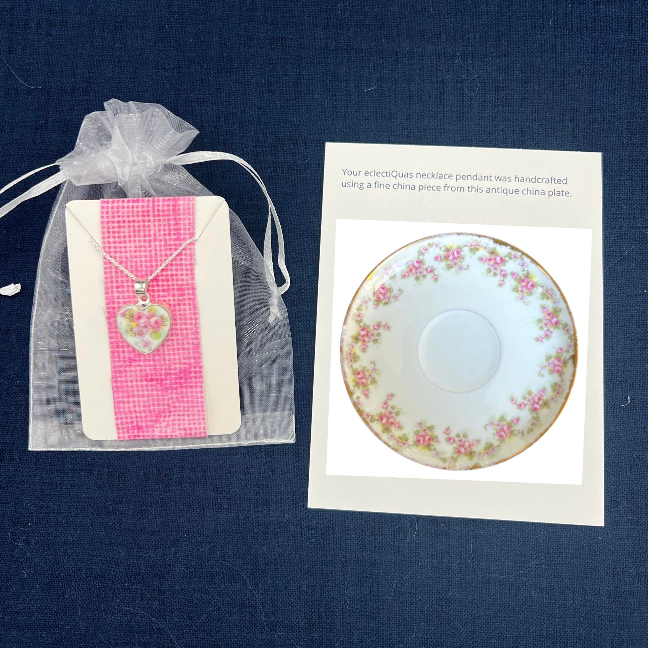 Vintage Rose China Heart Necklace handmade with French Limoges Porcelain