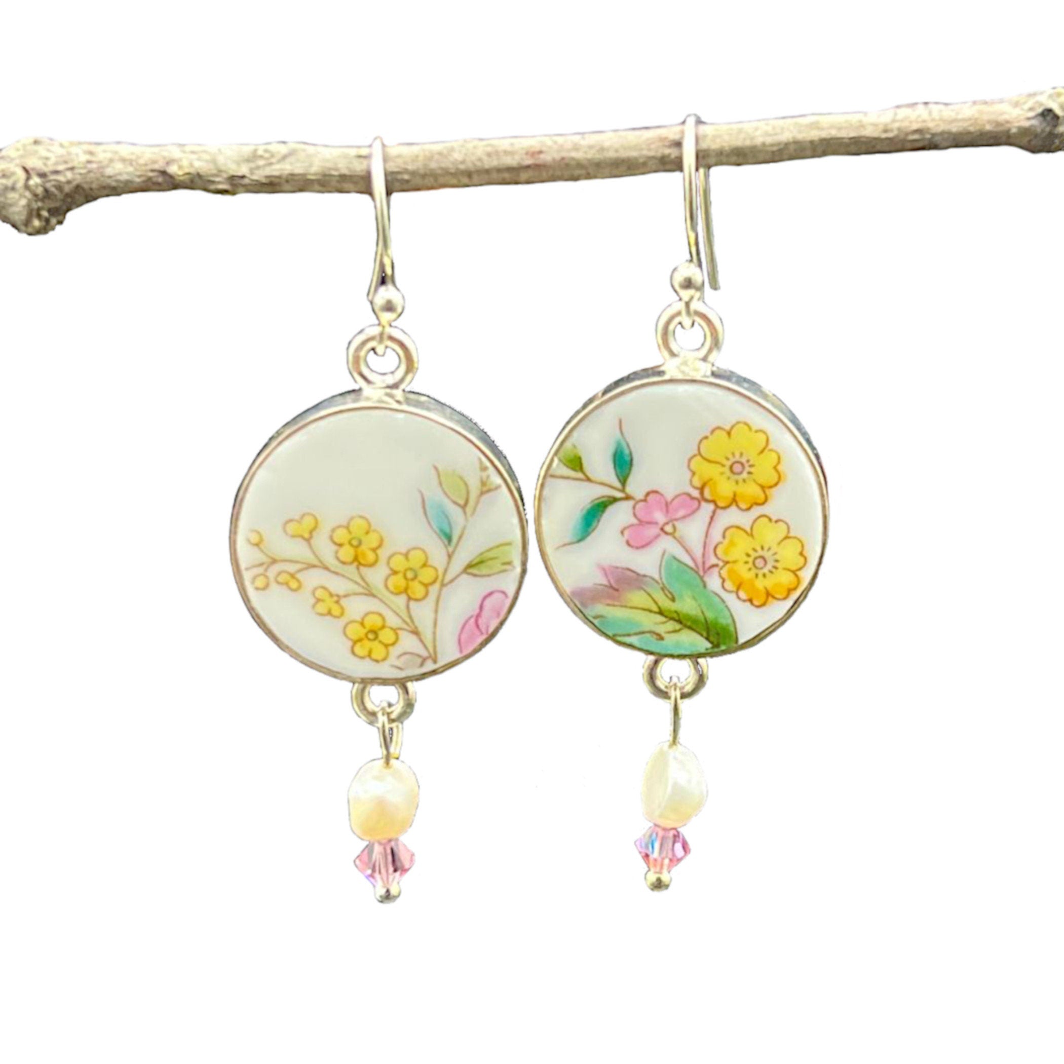 Cheerful Yellow Floral China Earrings handmade with Upcycled Porcelain, Vintage Summer Wildflower Broken China Jewelry Birthday Gift for Her