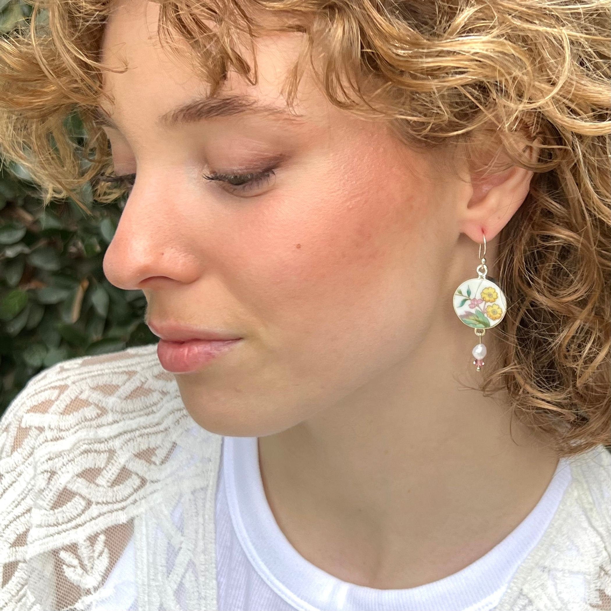 Cheerful Yellow Floral China Earrings handmade with Upcycled Porcelain, Vintage Summer Wildflower Broken China Jewelry Birthday Gift for Her