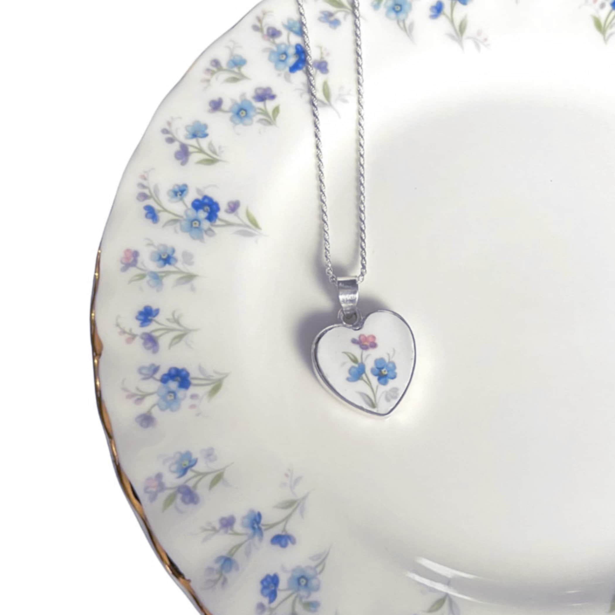 Forget Me Not Heart China Necklace handmade with Upcycled Royal Albert China & Sterling Silver