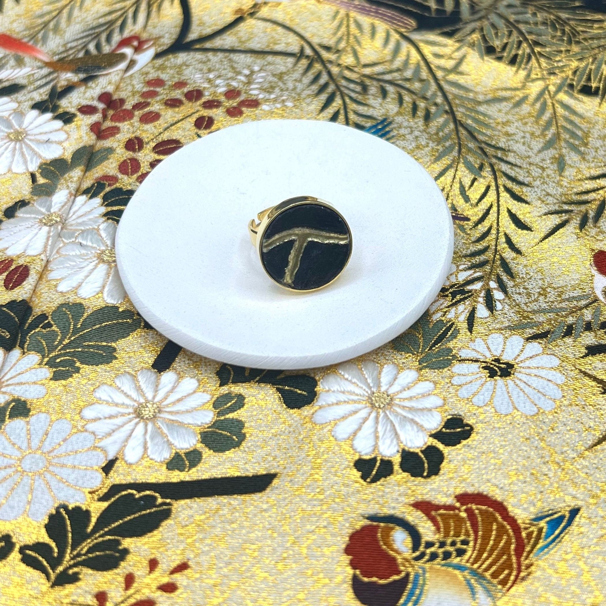 Black Kintsugi Ring, Japanese Wabi Sabi Ceramic Gold Statement Ring
