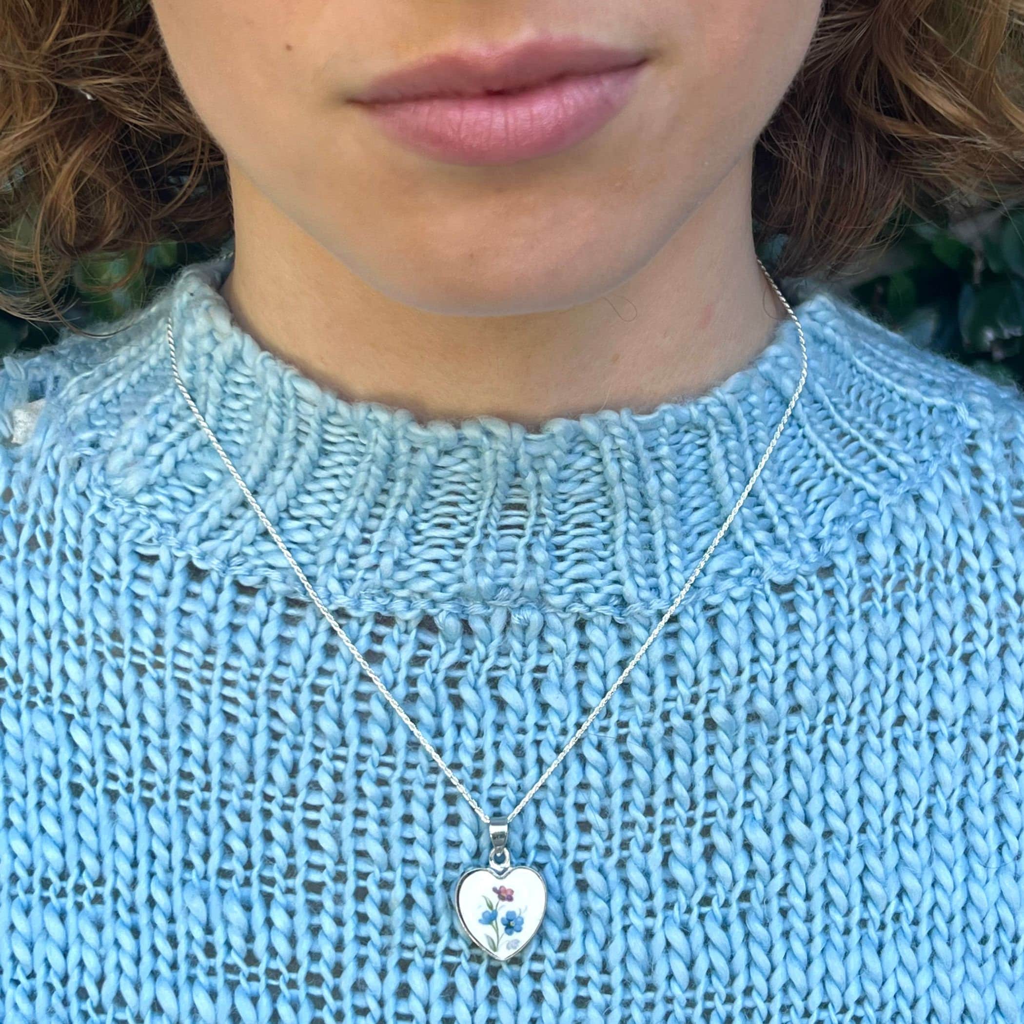 Forget Me Not Heart China Necklace handmade with Upcycled Royal Albert China & Sterling Silver