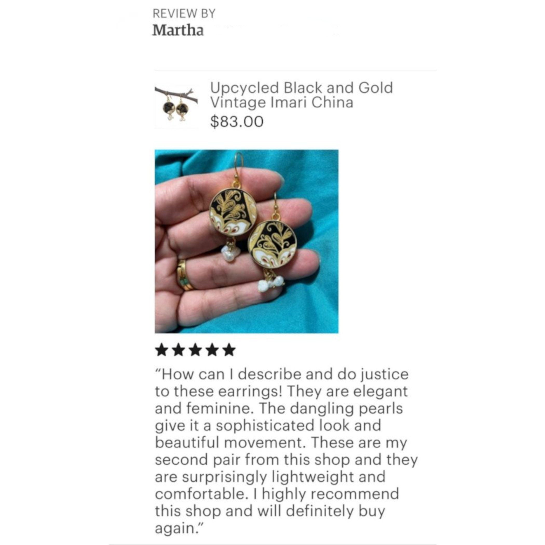 Modern Black and Gold Imari Porcelain Earrings handmade with Tiny Pearl Clusters