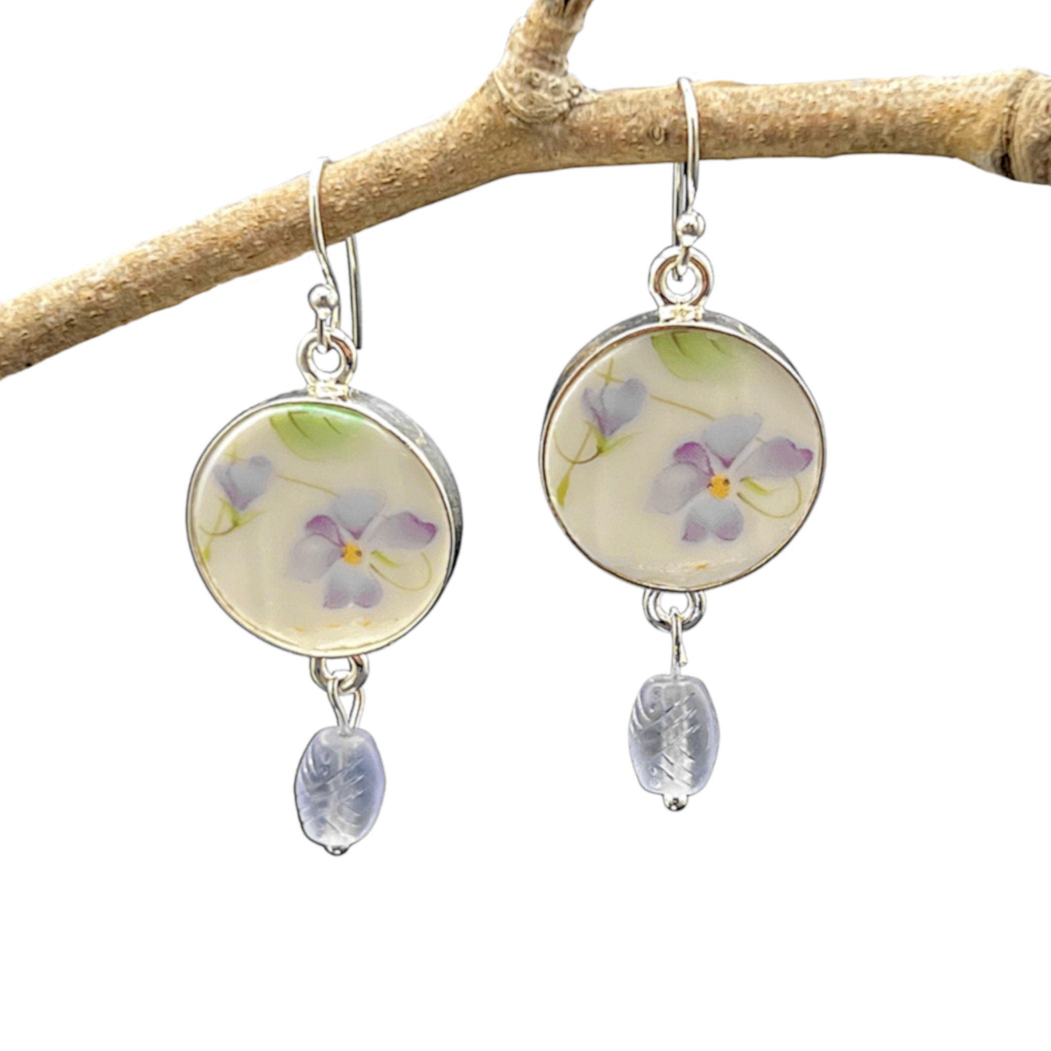 Lavender Violet Floral China Earrings handmade with Vintage Purple Bead Dangles