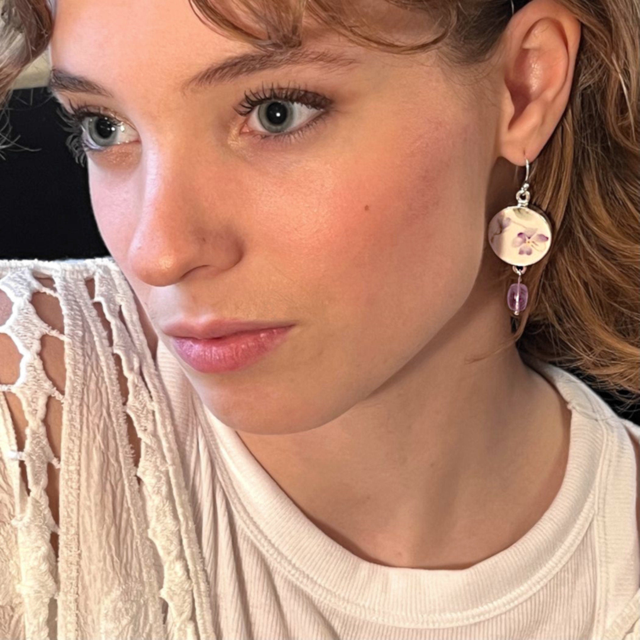 Lavender Violet Floral China Earrings handmade with Vintage Purple Bead Dangles