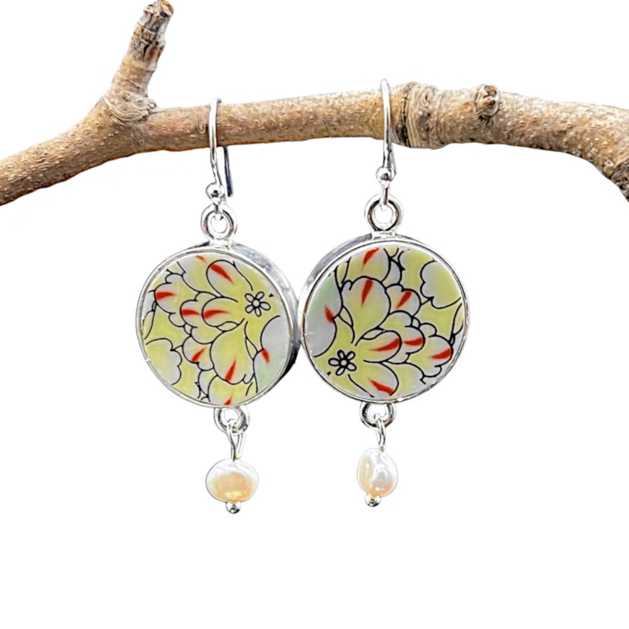 Chinese Famille Rose China Earrings with Upcycled Porcelain Yellow Chrysanthemum, Unique Yellow Floral Repurposed China Jewelry Gift for Her