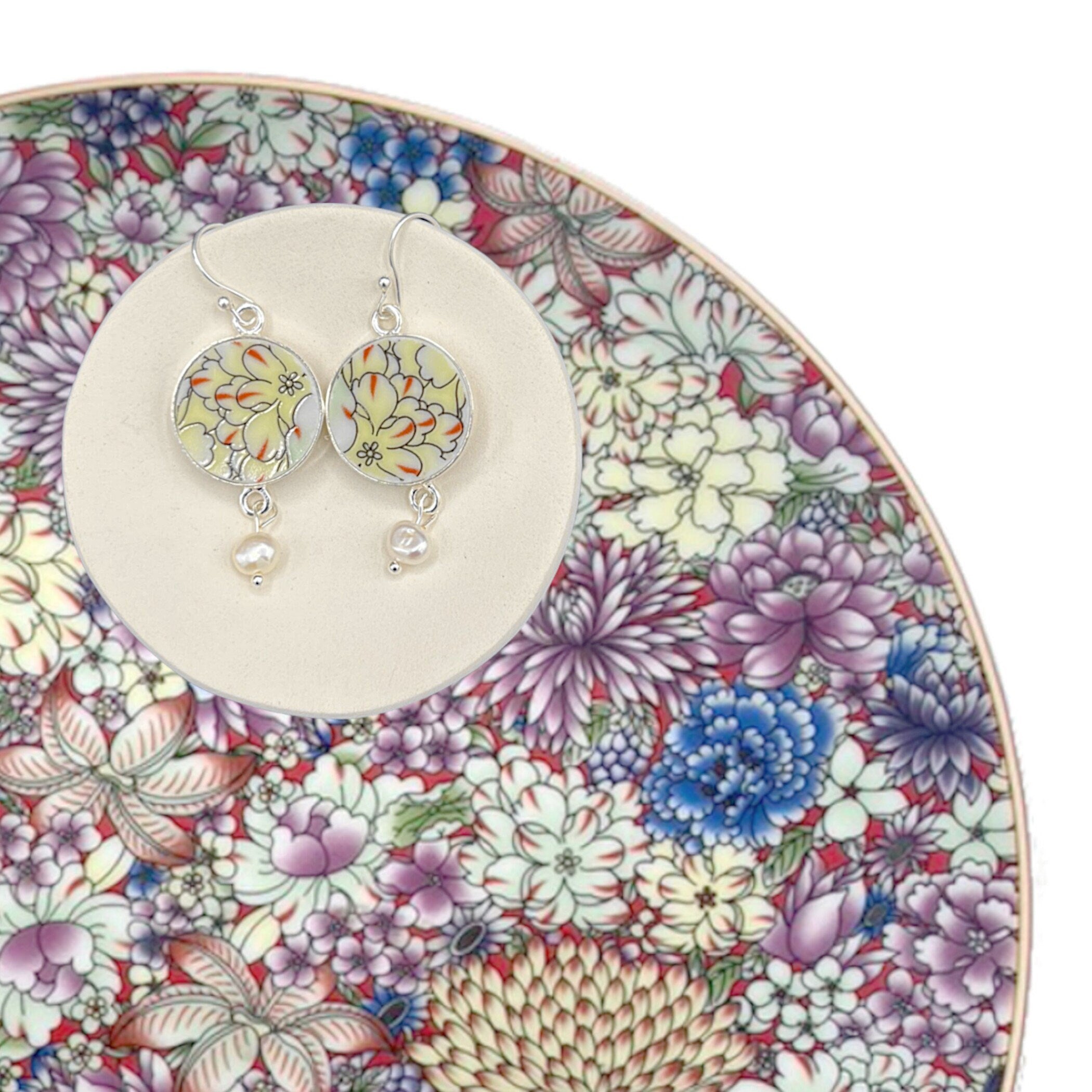 Chinese Famille Rose China Earrings with Upcycled Porcelain Yellow Chrysanthemum, Unique Yellow Floral Repurposed China Jewelry Gift for Her