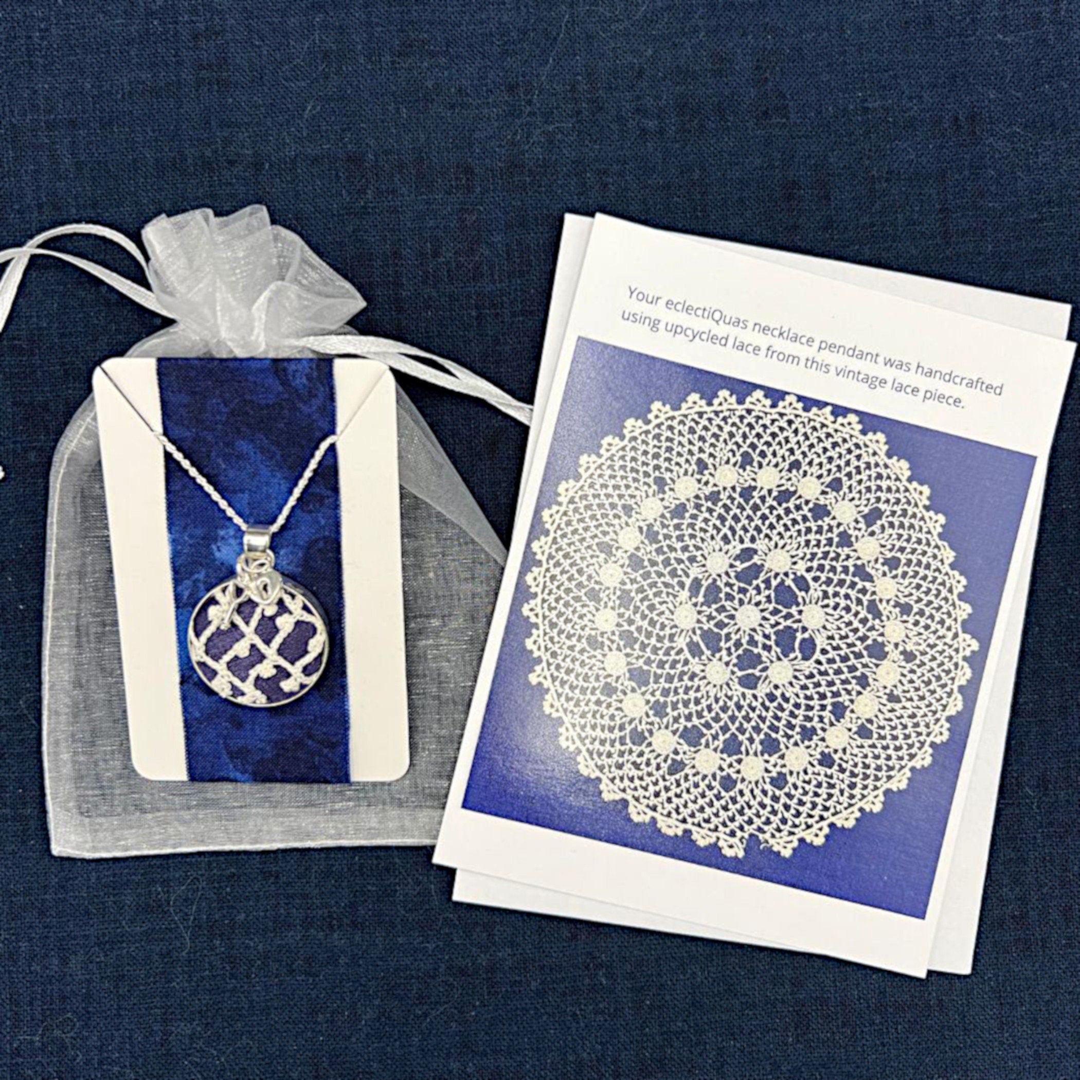 Vintage Crochet Lace Necklace handmade with Sterling Silver Key and Heart Charms