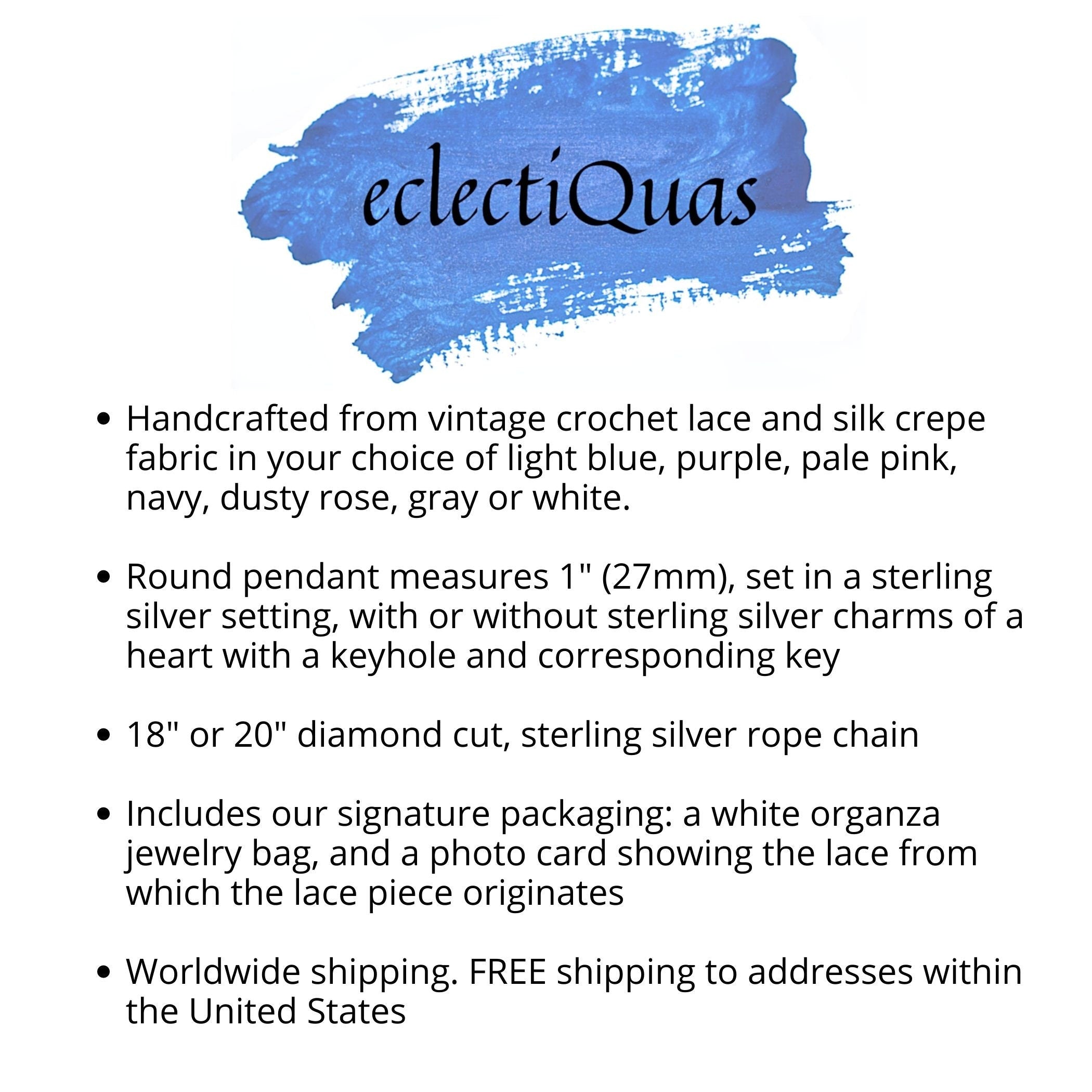 Vintage Crochet Lace Necklace handmade with Sterling Silver Key and Heart Charms