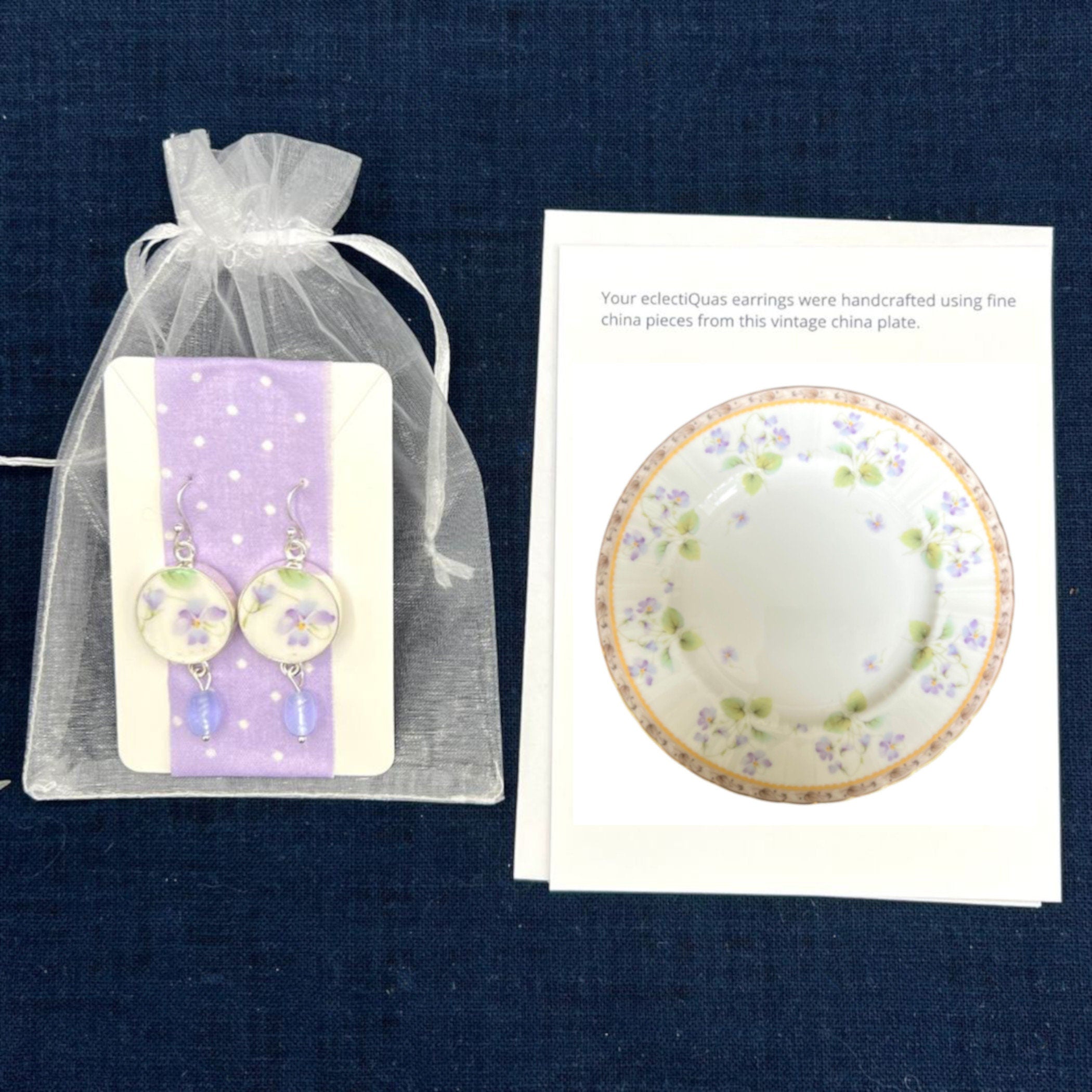 Lavender Violet Floral China Earrings handmade with Vintage Purple Bead Dangles