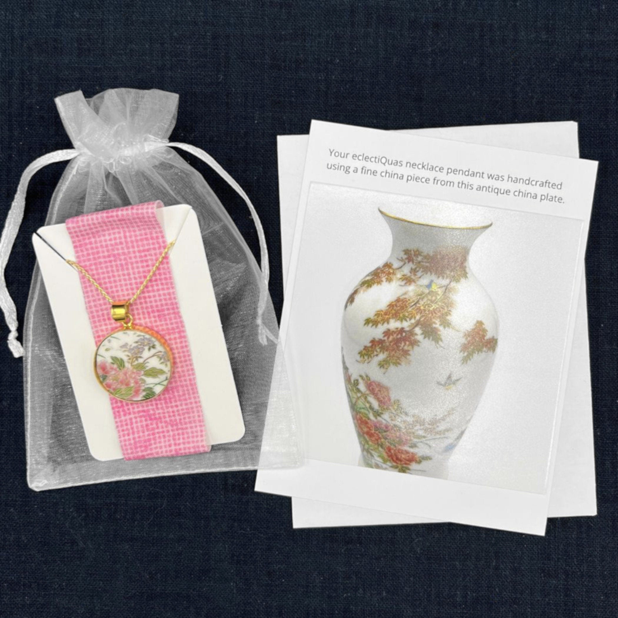 Asian Peony Necklace handmade from Upcycled Japanese Chinoiserie Vase, Romantic 12th Anniversary Imari Porcelain Jewelry Gift Idea for Her