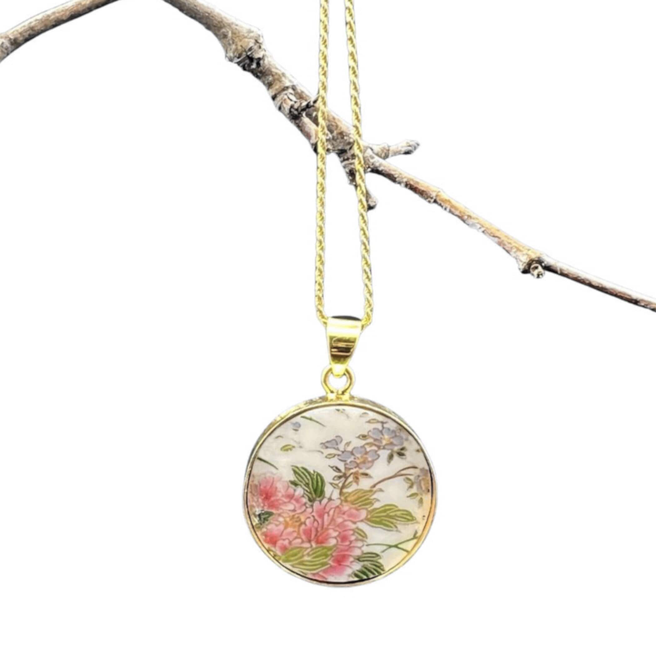 Asian Peony Necklace handmade from Upcycled Japanese Chinoiserie Vase, Romantic 12th Anniversary Imari Porcelain Jewelry Gift Idea for Her