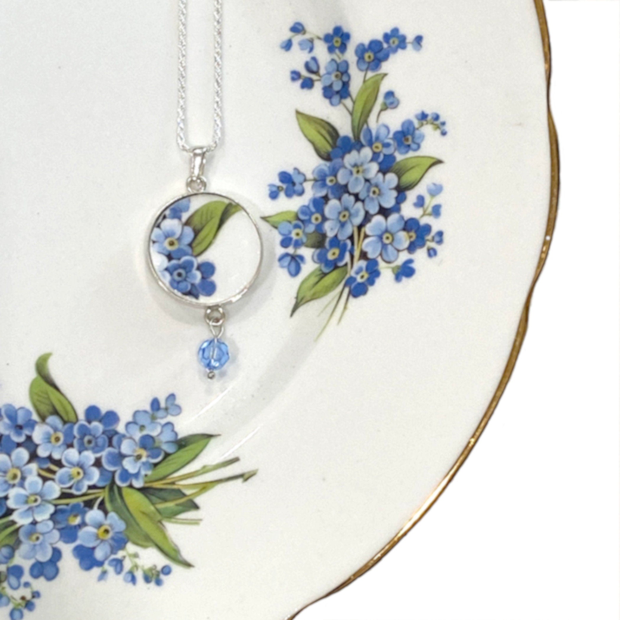 Broken China Jewelry handmade with Vintage Forget Me Not China & Sterling Silver
