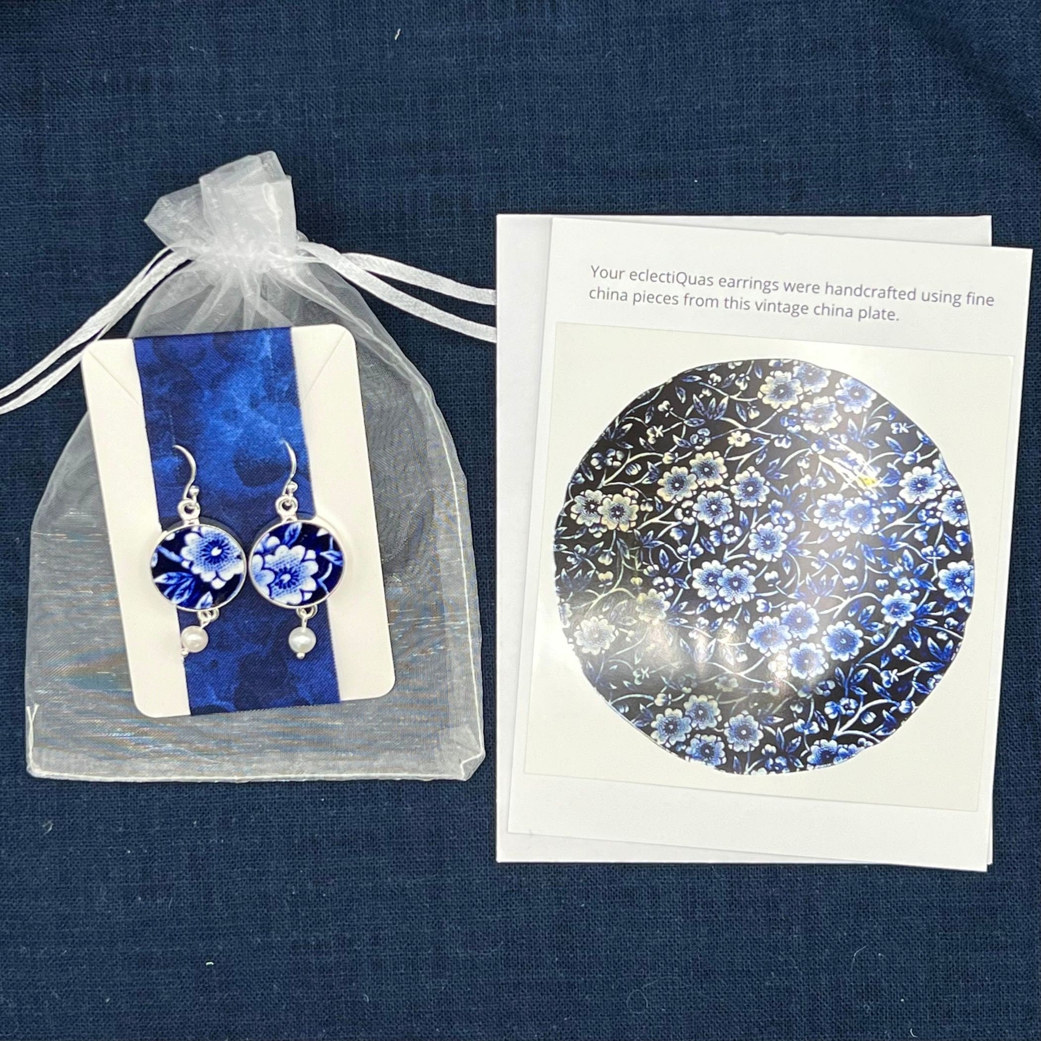Burleigh Blue Calico Broken China Earrings handmade from Staffordshire plates