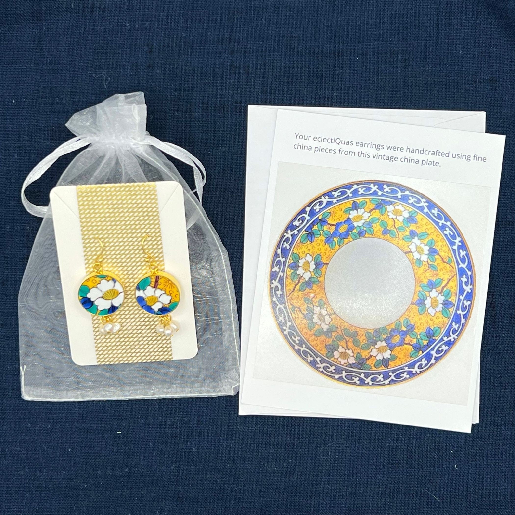 Japanese White Floral Kutani Porcelain Earrings with Vintage Takahashi San Francisco China