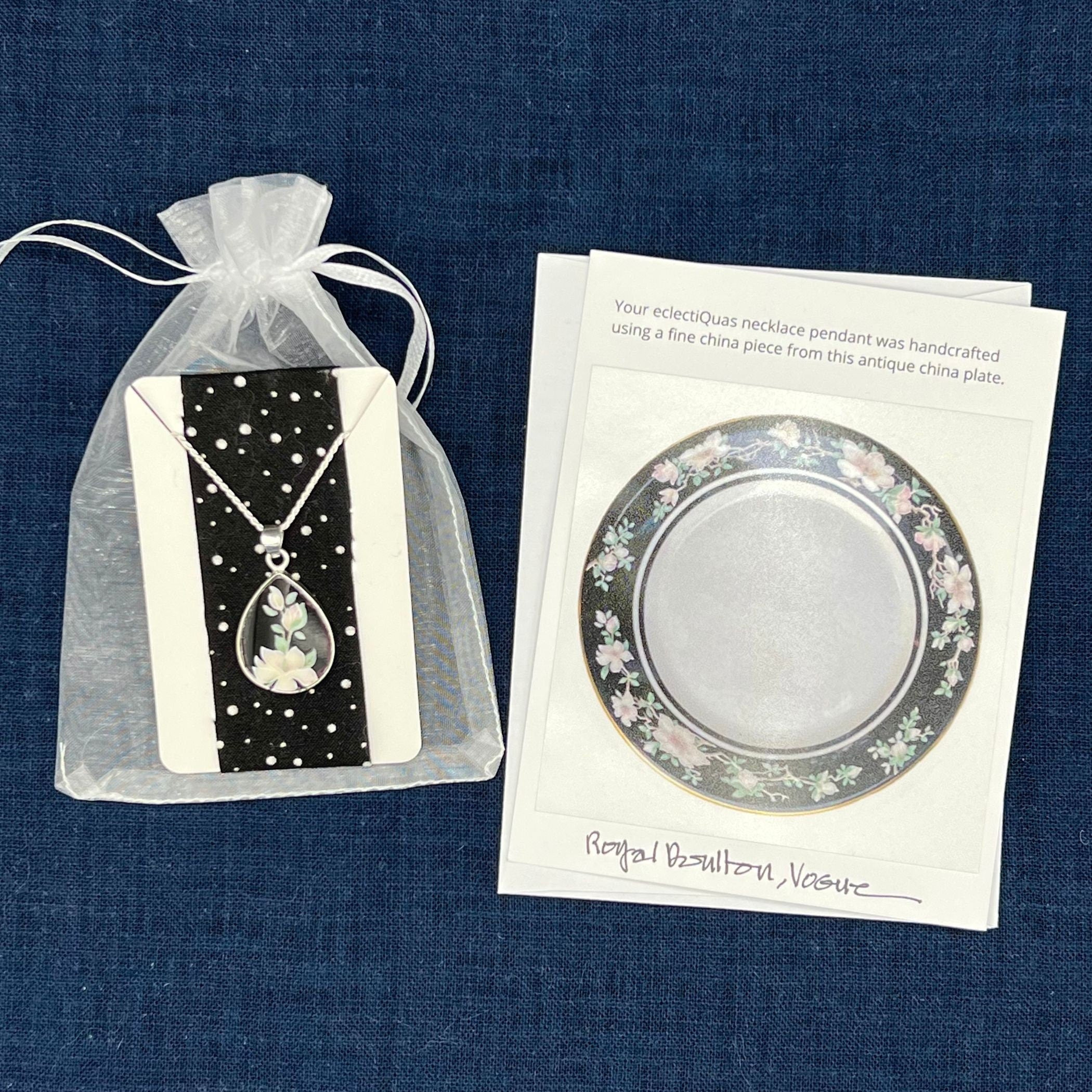 Black Chinoiserie Broken China Jewelry Necklace with Bold White Flowers