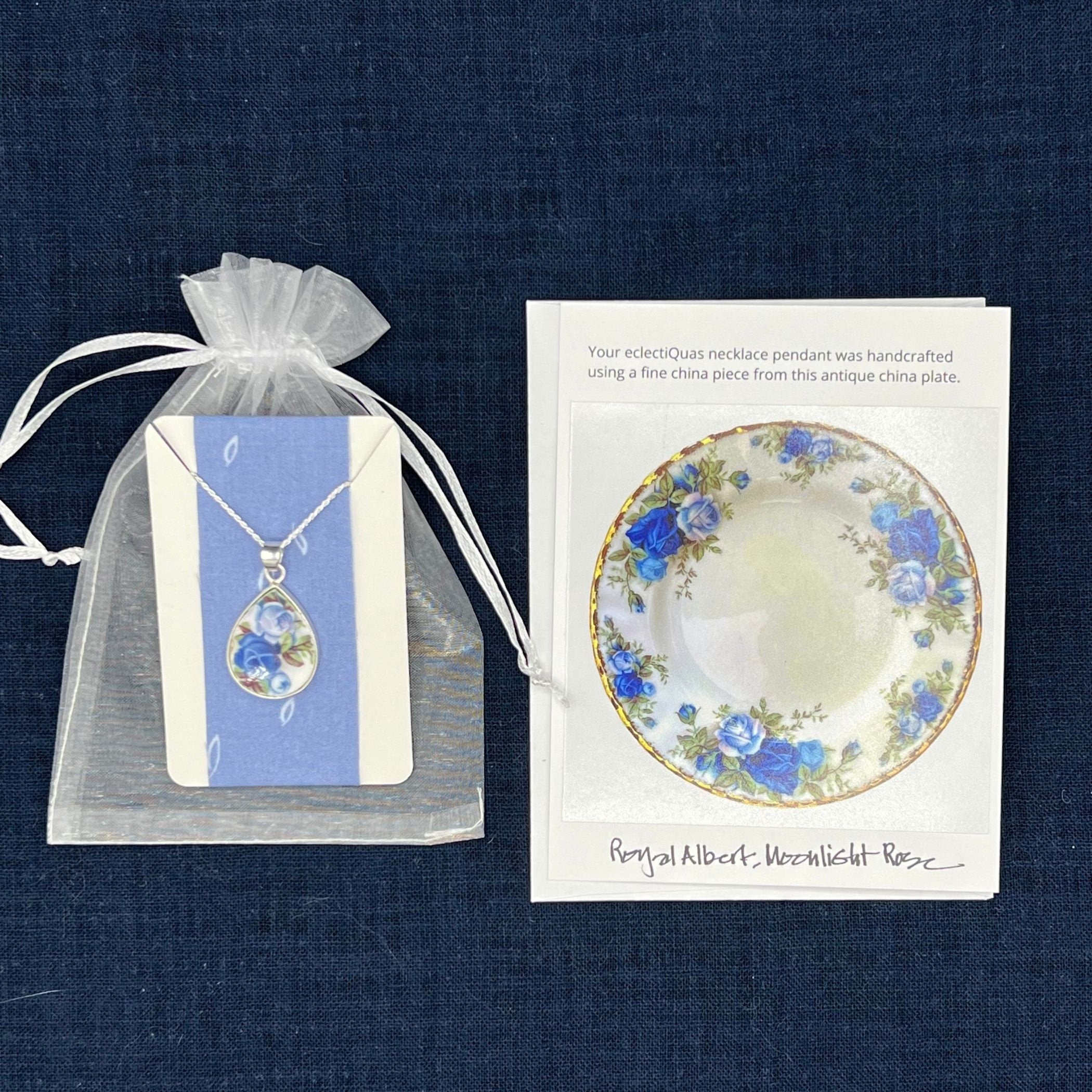 Royal Albert Moonlight Rose China Necklace with Blue Rose Teardrop China Pendant