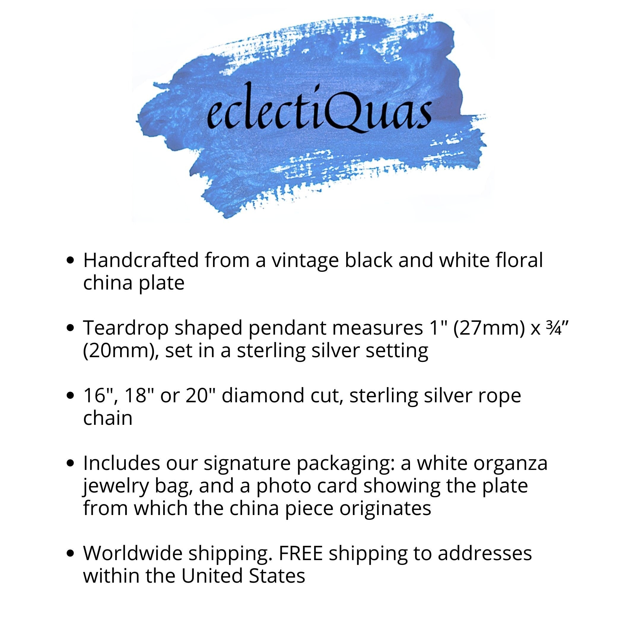 Black Chinoiserie Broken China Jewelry Necklace with Bold White Flowers