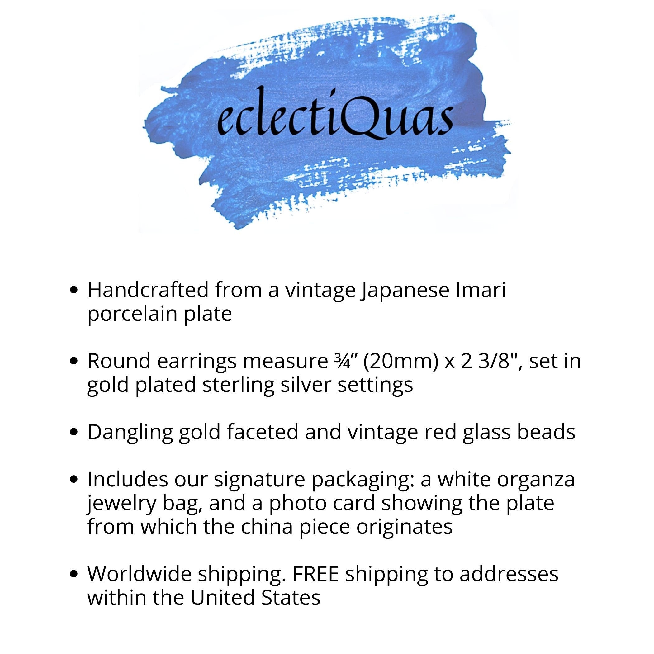 Long Red Flower China Earrings handmade with Japanese Imari Porcelain