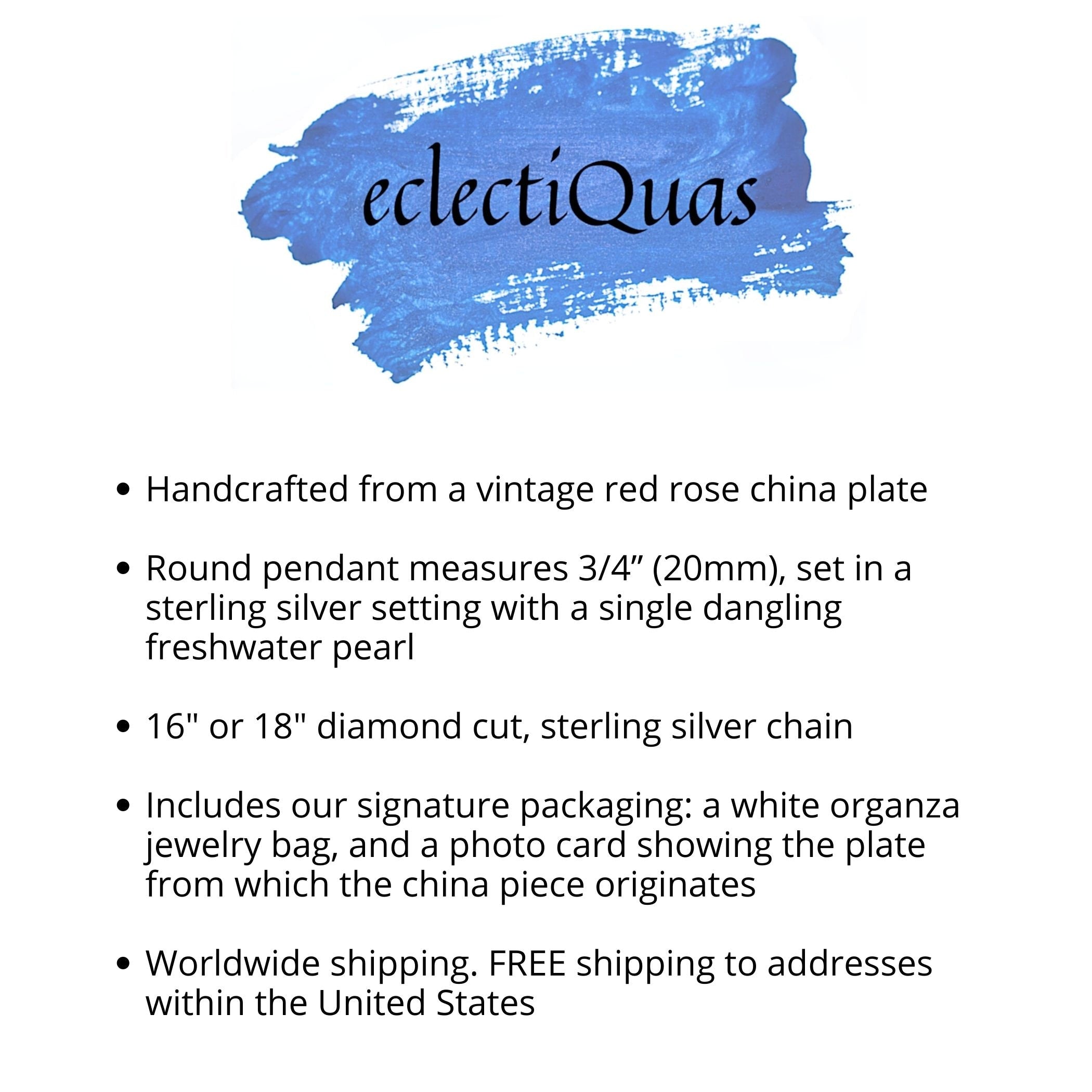 Romantic Red Rose China Necklace Pendant handmade with Upcycled Porcelain & Sterling Silver, Thoughtful Broken China Jewelry Gift for Wife