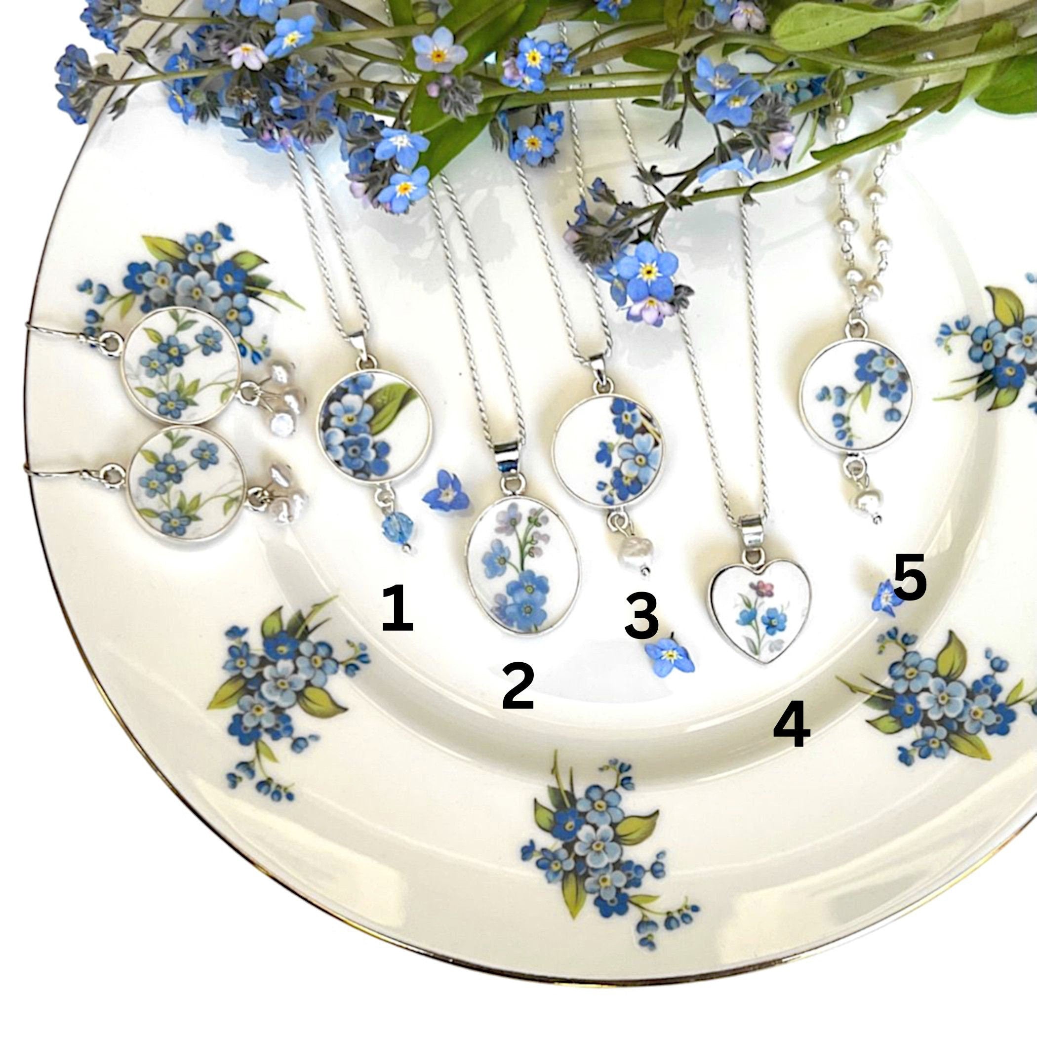 Broken China Jewelry handmade with Vintage Forget Me Not China & Sterling Silver