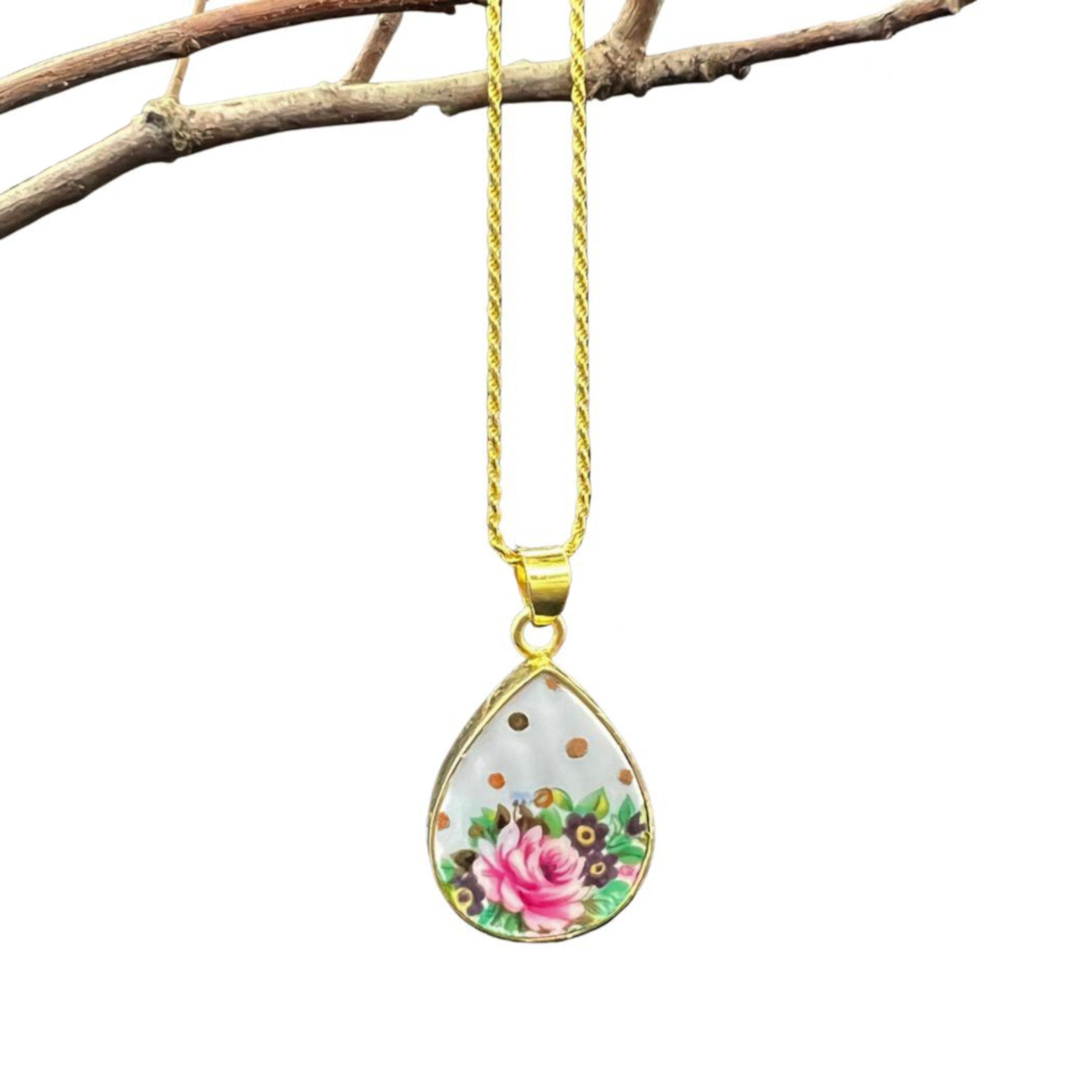 Rare Vintage Royal Albert Pierette Rose China Pendant Teardrop Necklace