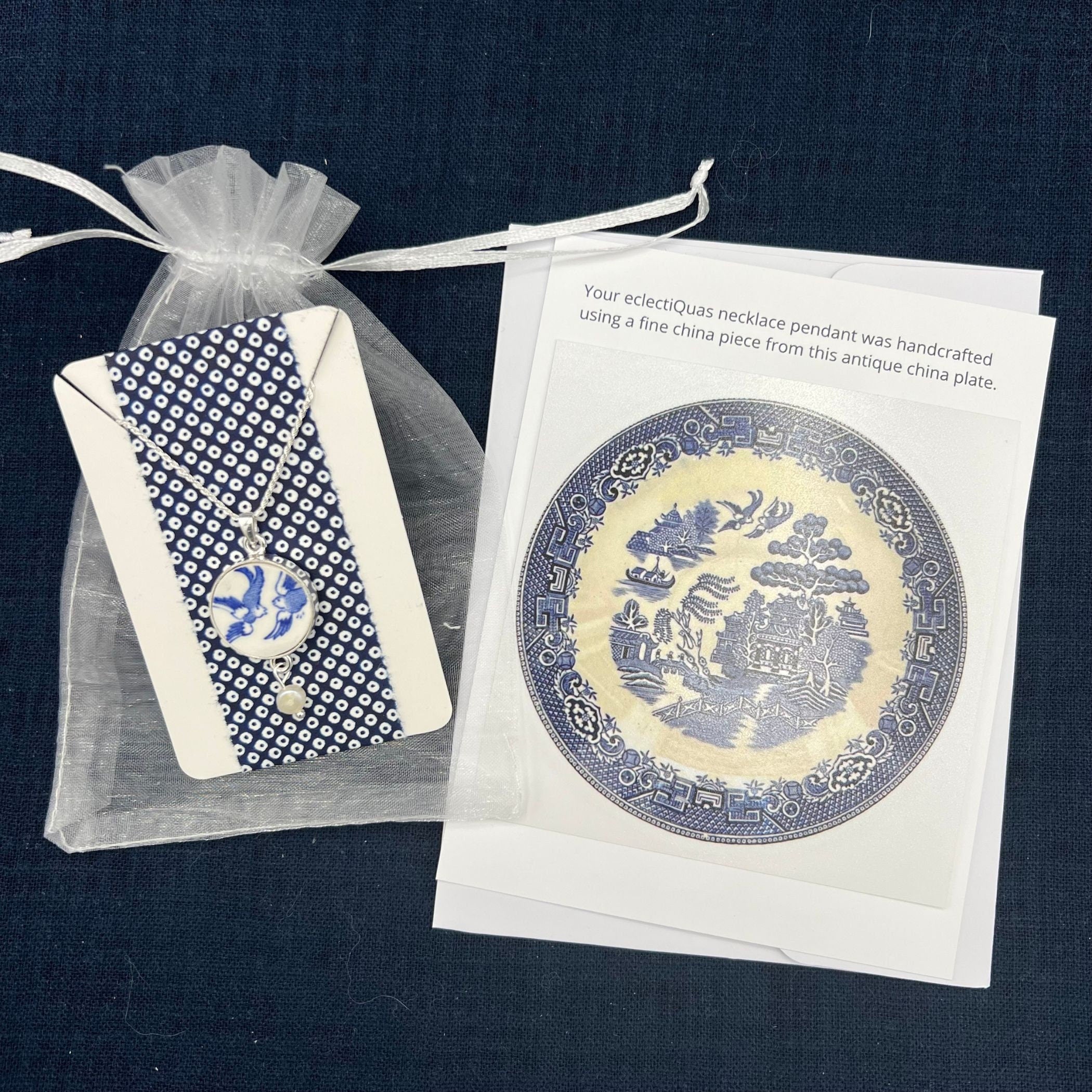 Blue Willow China Love Birds Necklace, Unique Christmas Gift for Wife, Thoughtful Vintage Blue & White China Jewelry Holiday Gift for Women