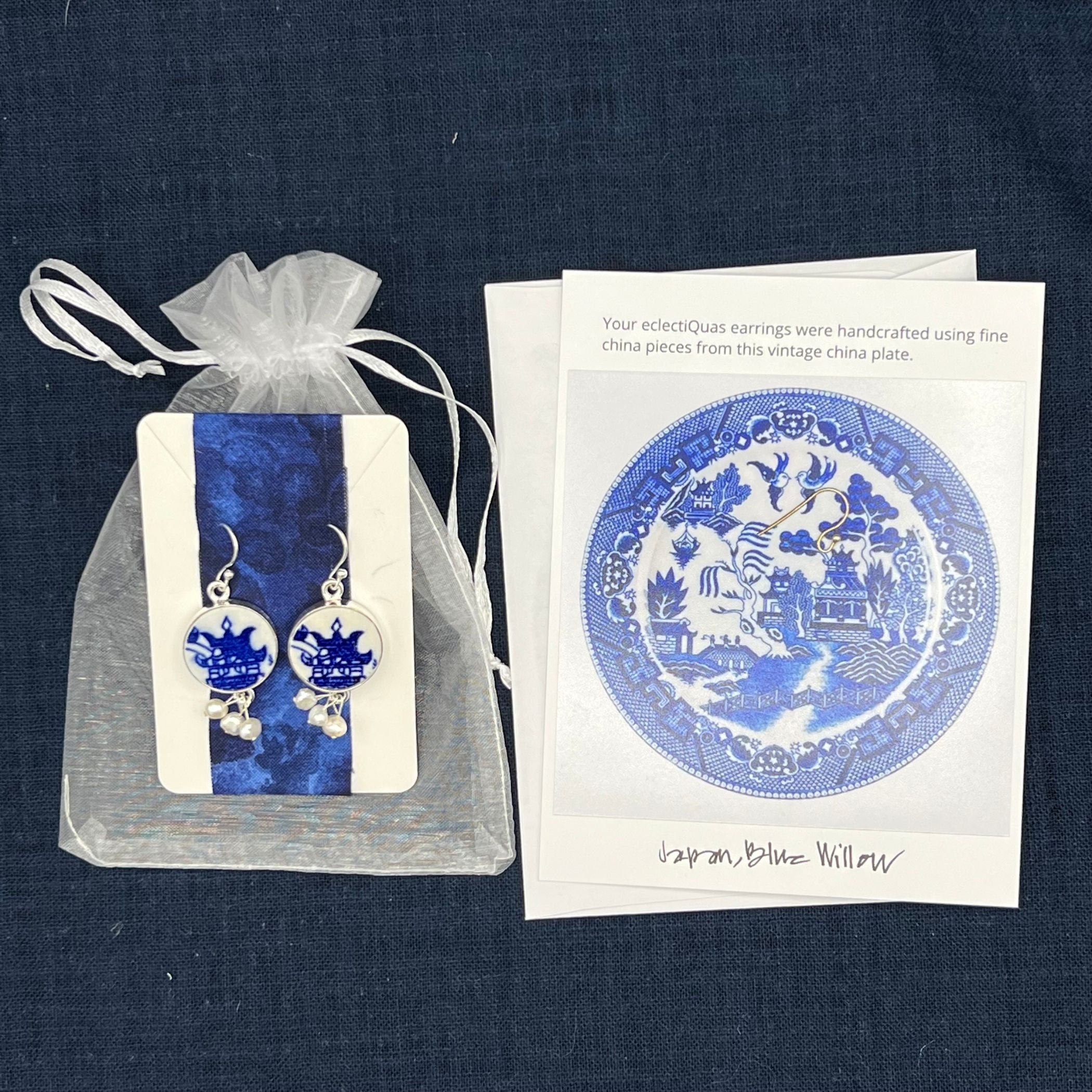 Blue Willow China Earrings with Japanese Pagodas & Tiny Pearl Clusters