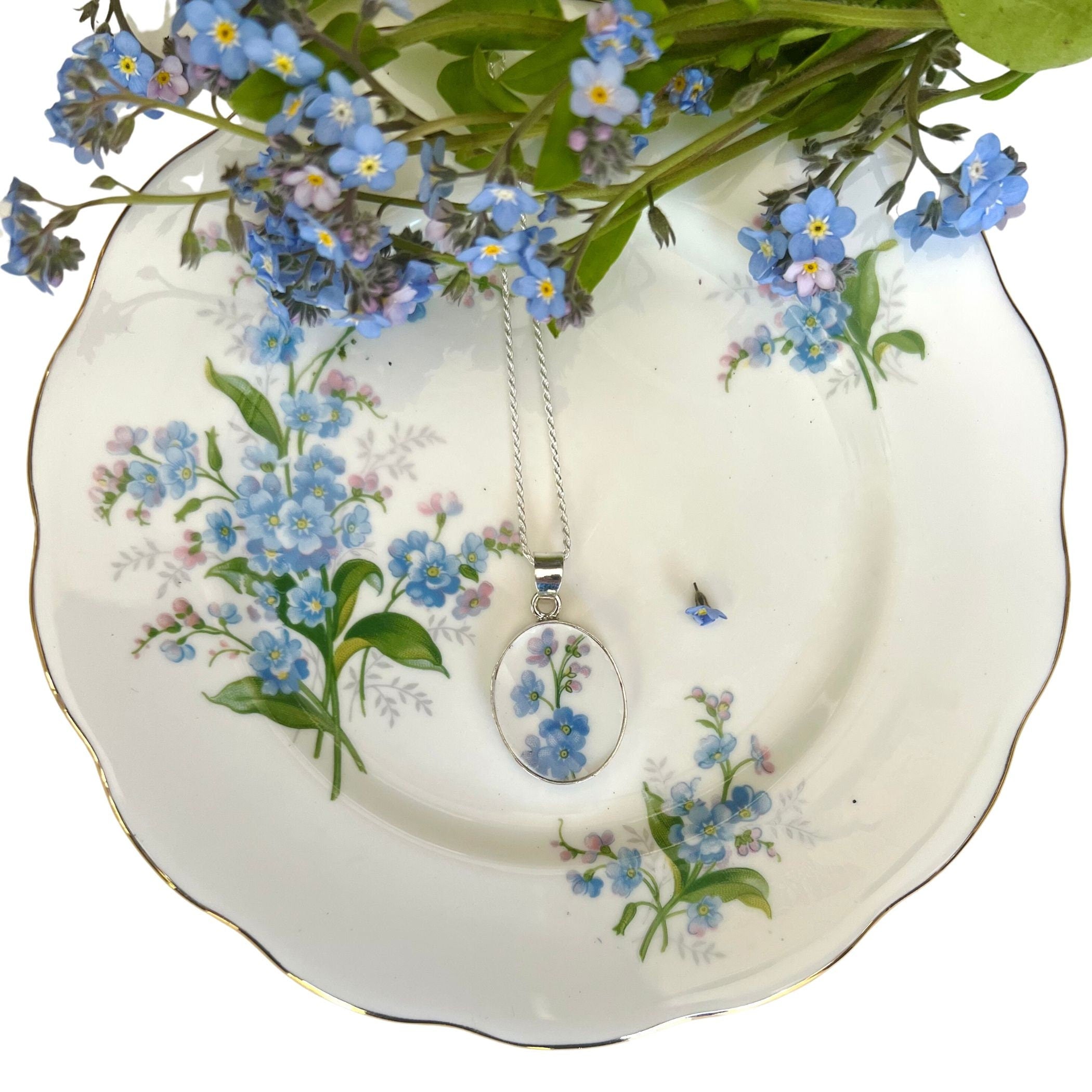 Vintage Royal Albert Forget Me Not Flower China Necklace