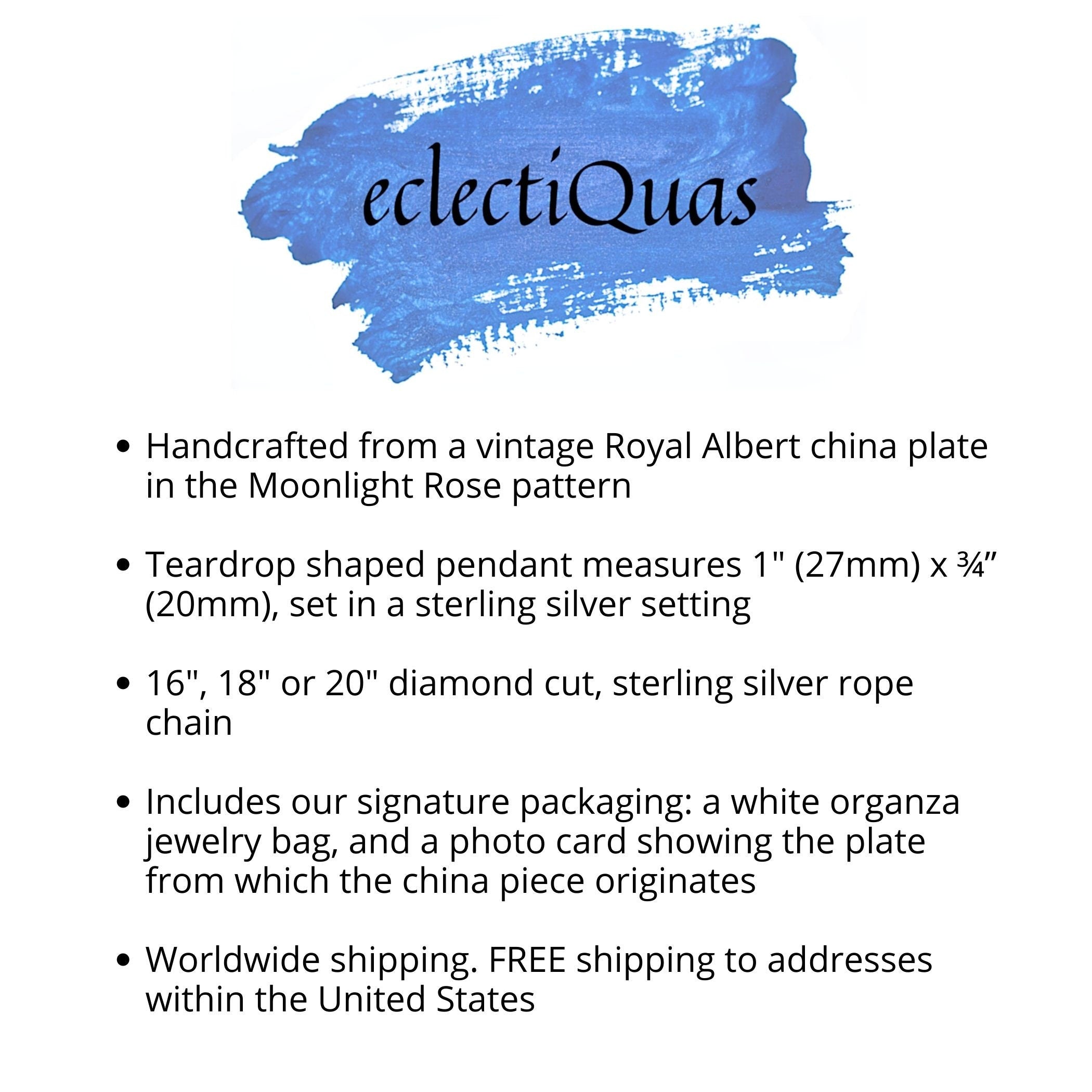 Royal Albert Moonlight Rose China Necklace with Blue Rose Teardrop China Pendant