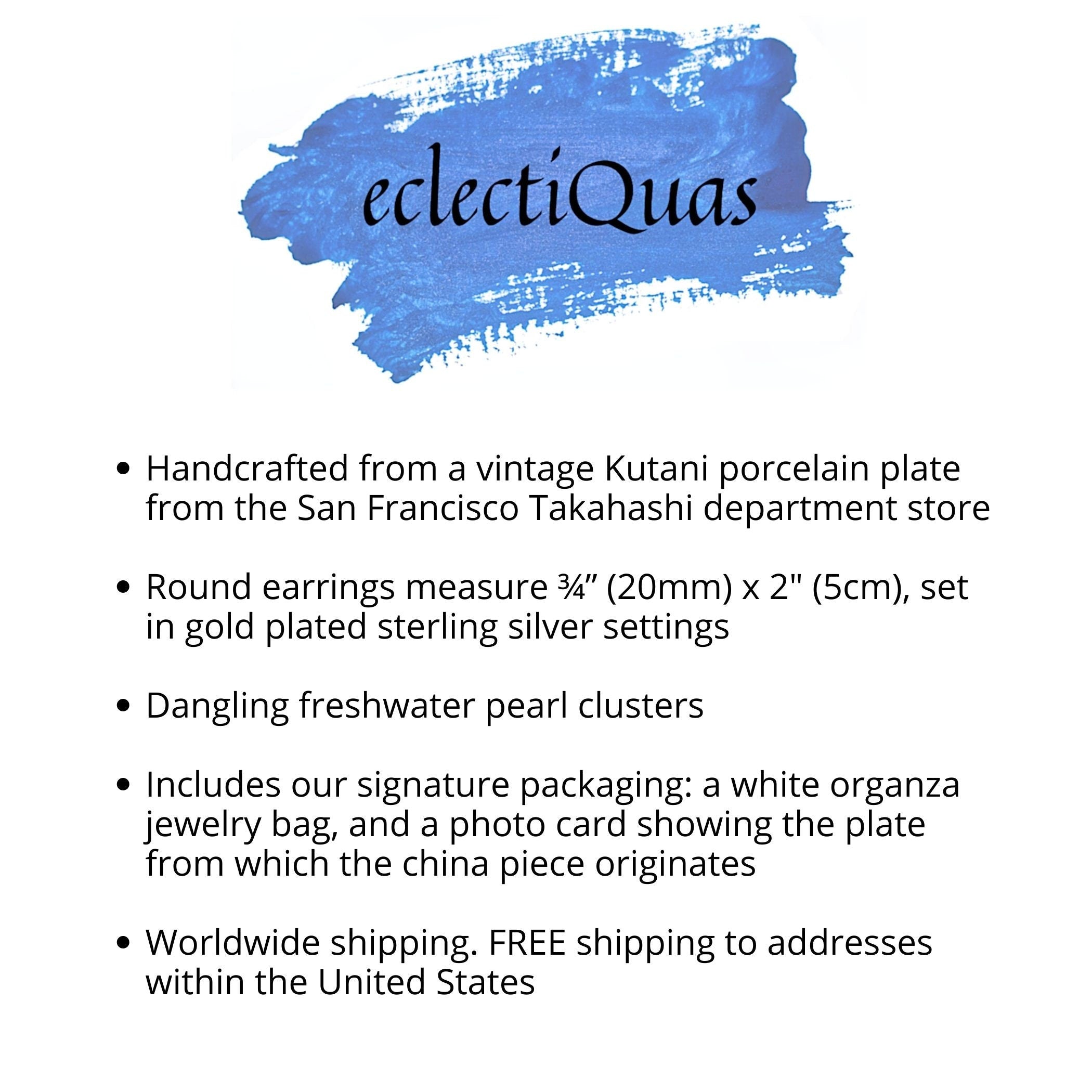 Japanese White Floral Kutani Porcelain Earrings with Vintage Takahashi San Francisco China