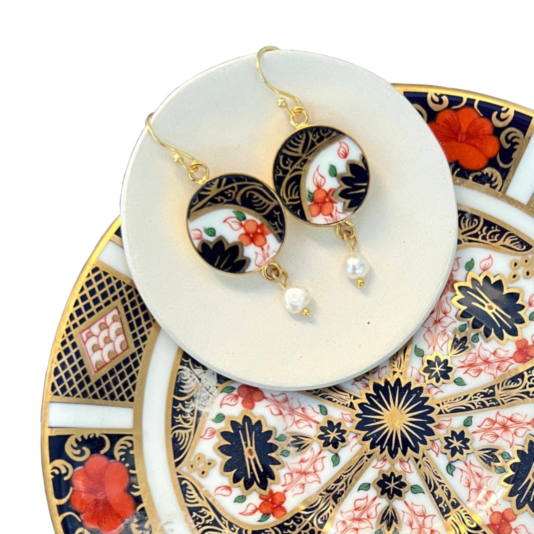 Bold Artisan Porcelain Dangly Earrings handmade with Royal Crown Derby Imari China
